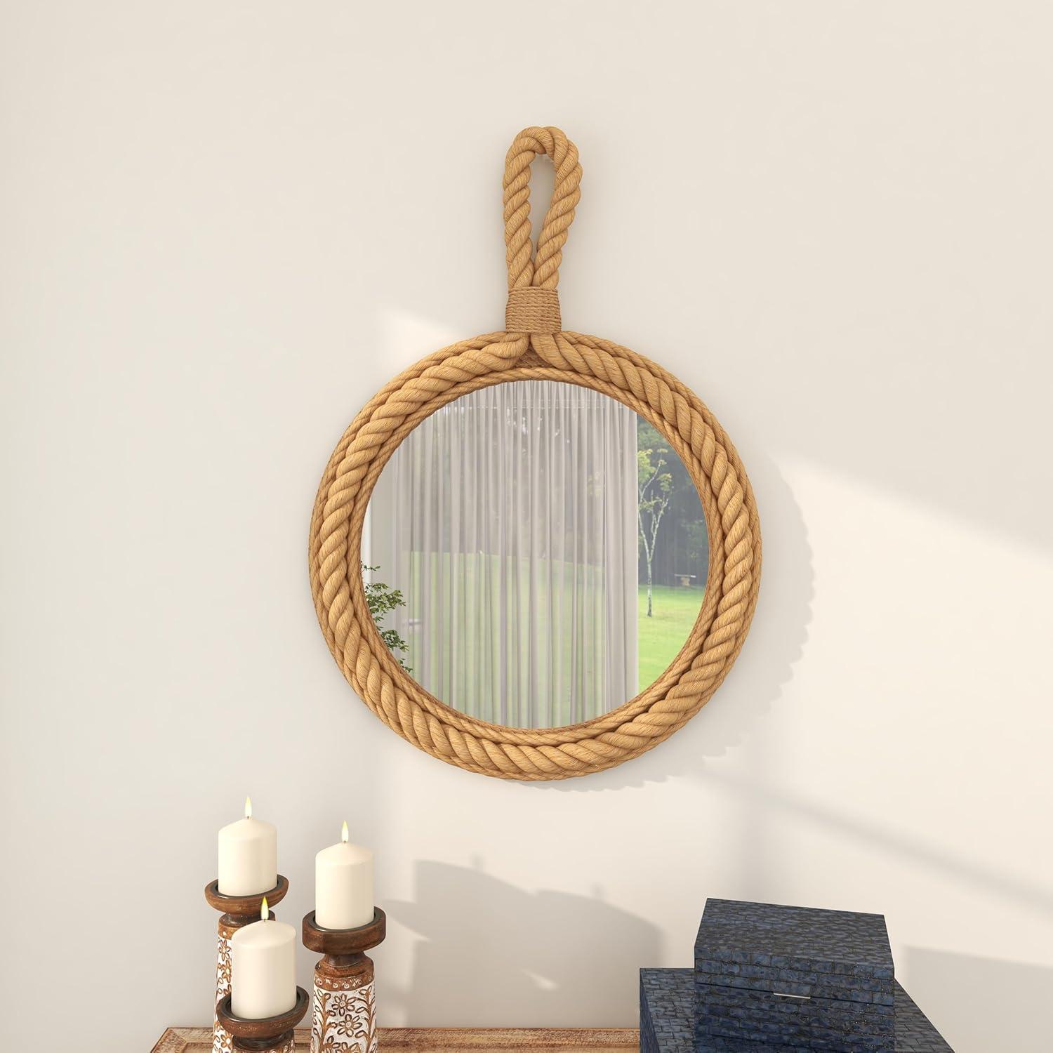 Nautical Round Wood Decorative Mirror with Rope Trim