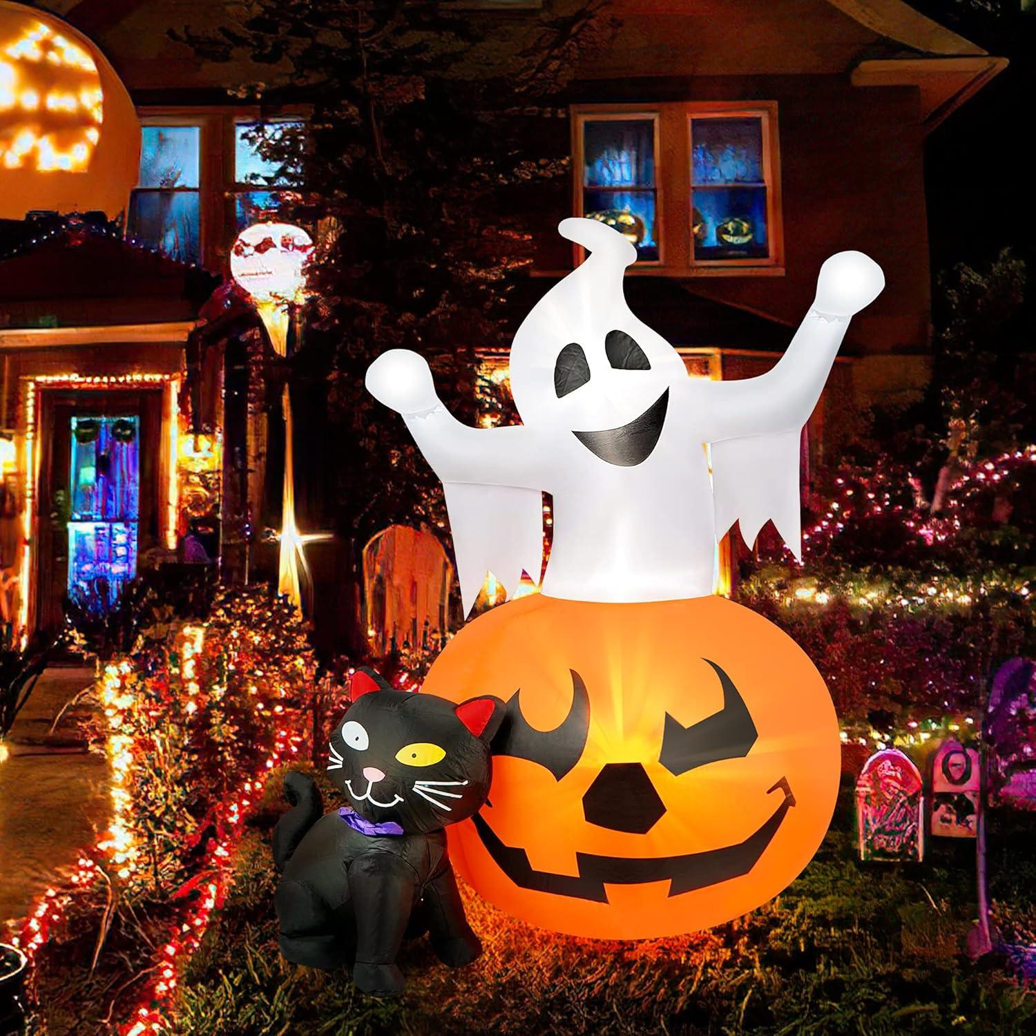 5 FT Halloween Inflatable Spooky Pumpkin with Ghost and Black Cat