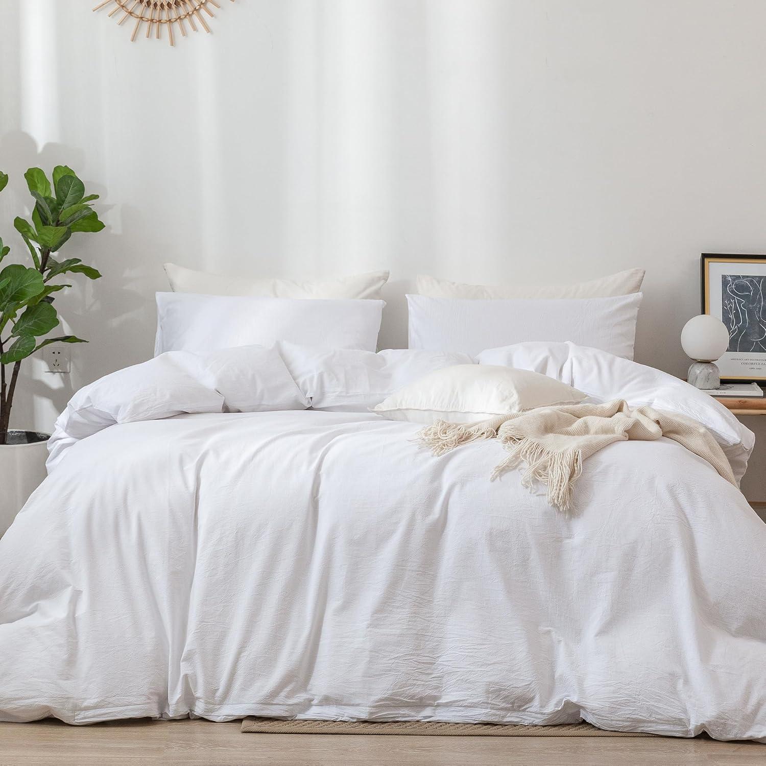 QUALITY FLOORING INC. Bedding Duvet Cover Set 100% Washed Cotton Linen Like Textured Breathable Durable Soft Comfy (Off White, King)