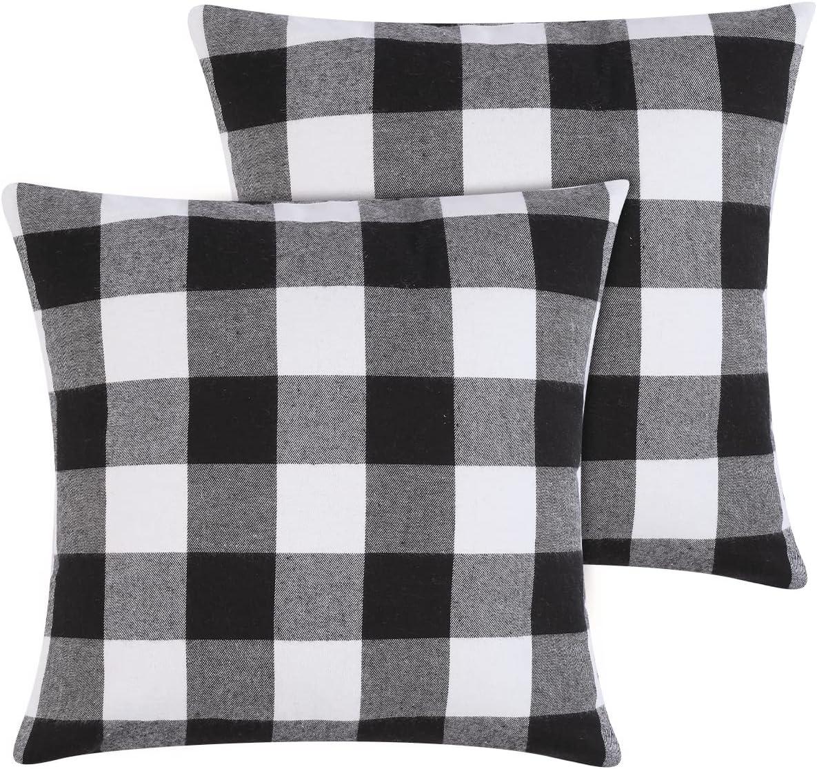 Black and White Buffalo Plaid Polyester Throw Pillow Covers, 18x18, Set of 2