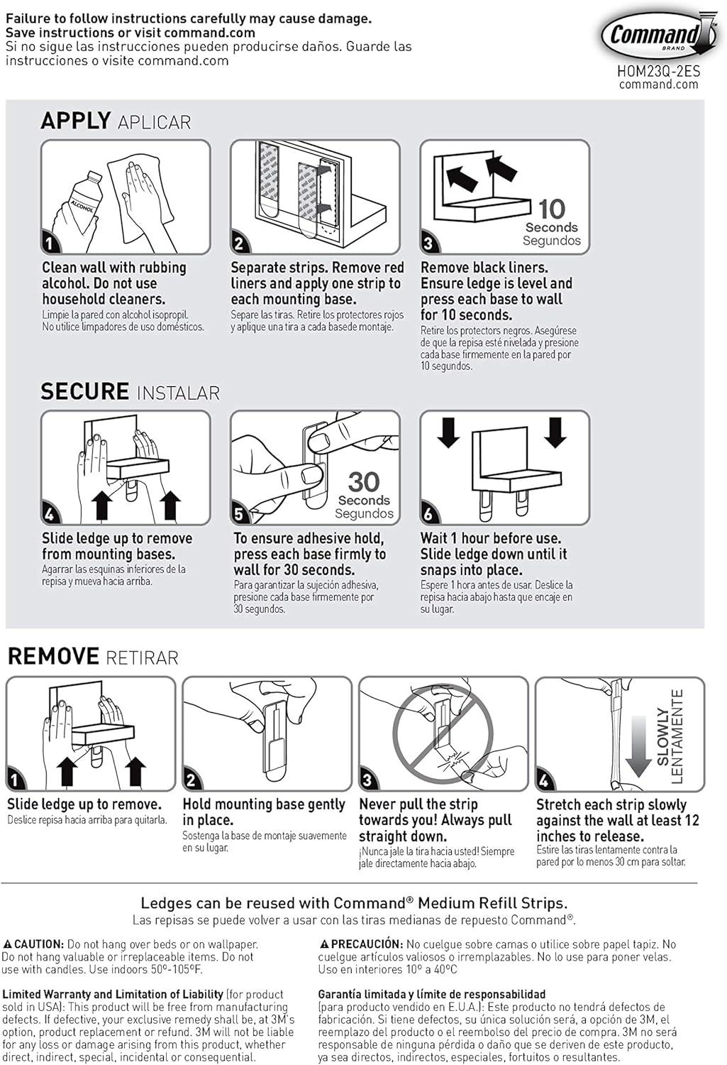 Command Display Ledges White: Floating Wall Shelf Set, 2 Picture Ledges, Off-White, Plastic, No Tools Needed