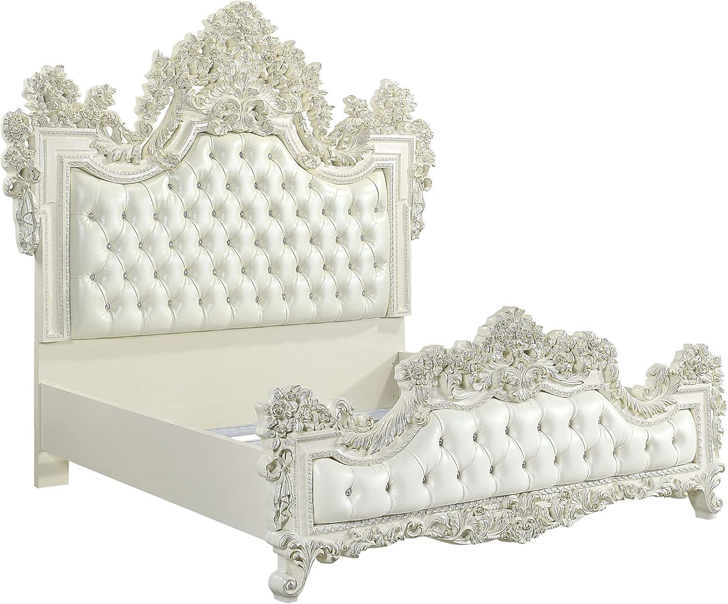 Acme Furniture: 90" Eastern King Bed Adara Bed White Synthetic Leather and Antique White Finish Victorian Style, Tufted Headboard