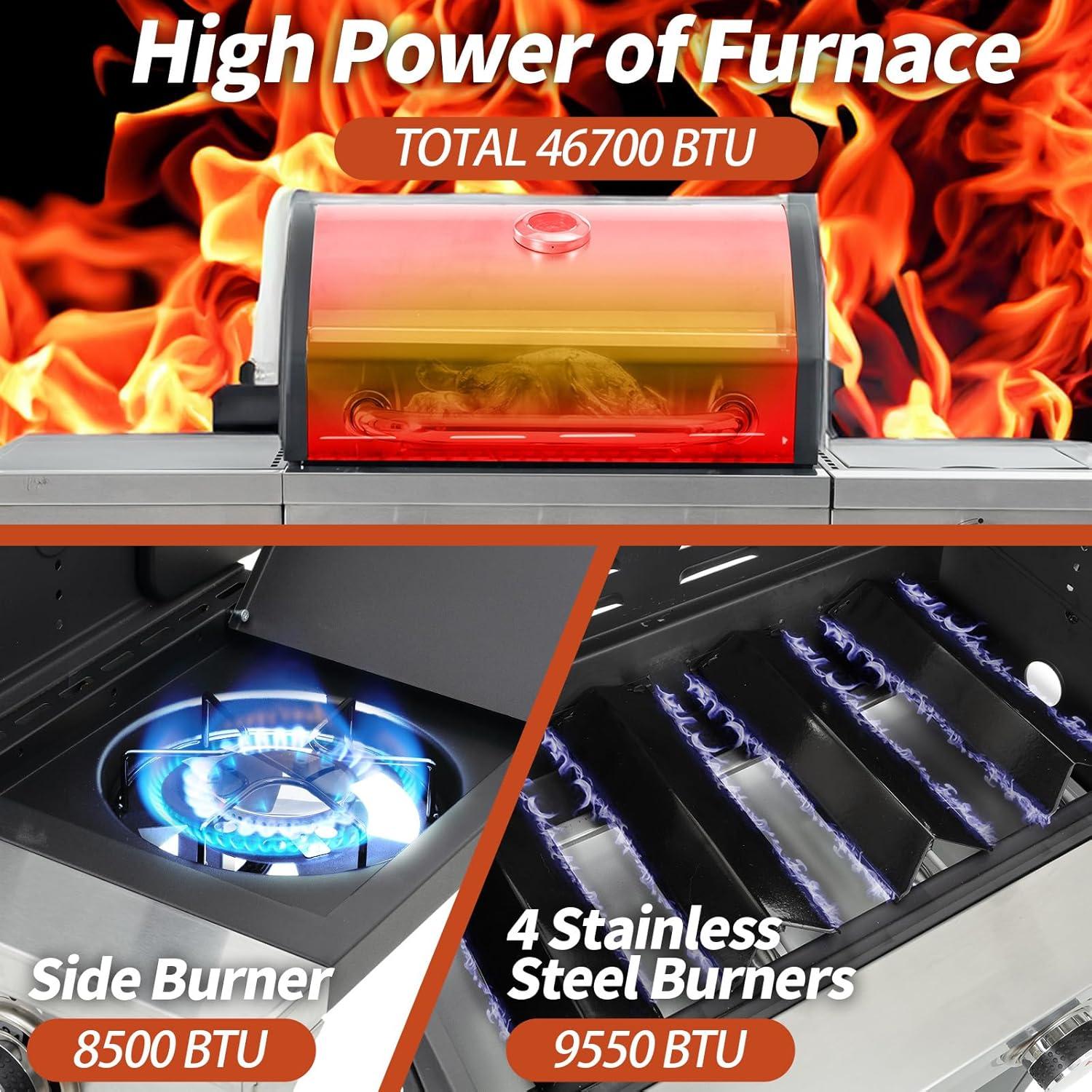 4-Burners Propane Gas Grill with Side Burner & Thermometer, Stainless Steel Propane Grill for Outdoor BBQ and Camping, Patio Backyard Barbecue, 42000 BTU Output