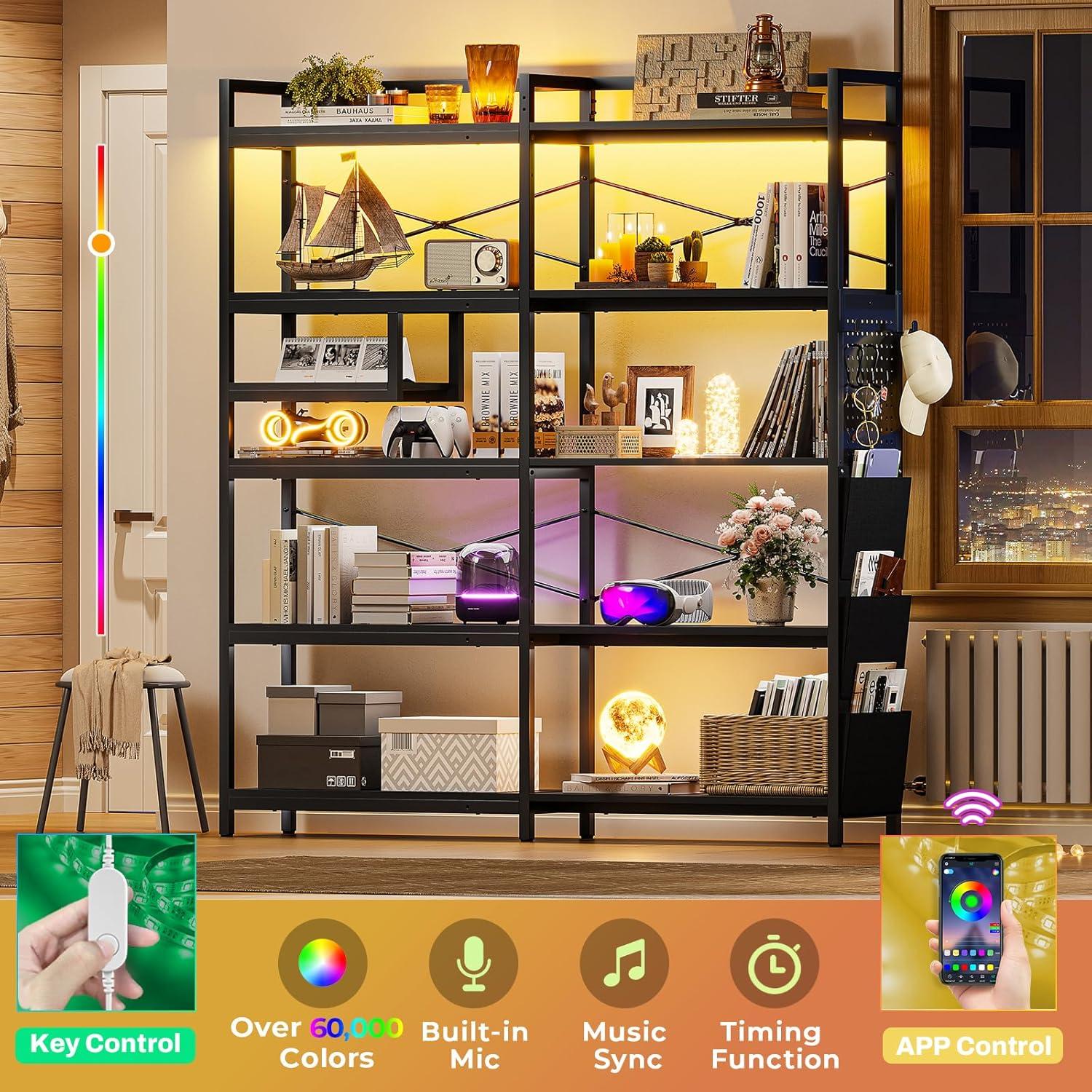 5-Tier Book Shelf with LED Light, 63" Reversible Storage Shelves, Corner Bookshelf with Storage Bag and Pegboard, Black