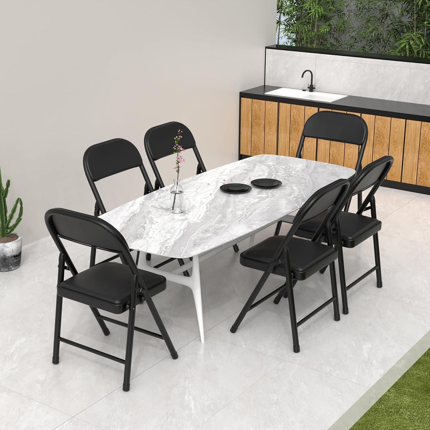 Black Metal Folding Dining Chairs with Cushions, Set of 2