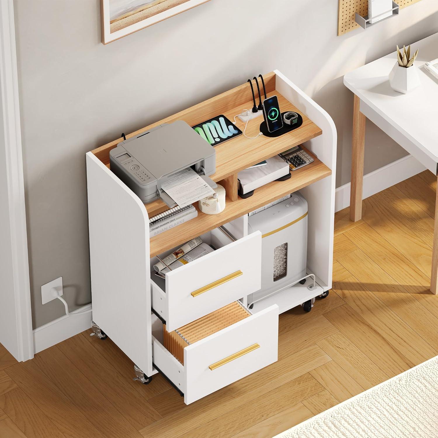 DWVO File Cabinet with Charging Station and Paper Shredder Stand, Printer Table Cabinet Rolling File Cabinet with 2 Drawers and Open Storage Shelves for Home Office, White