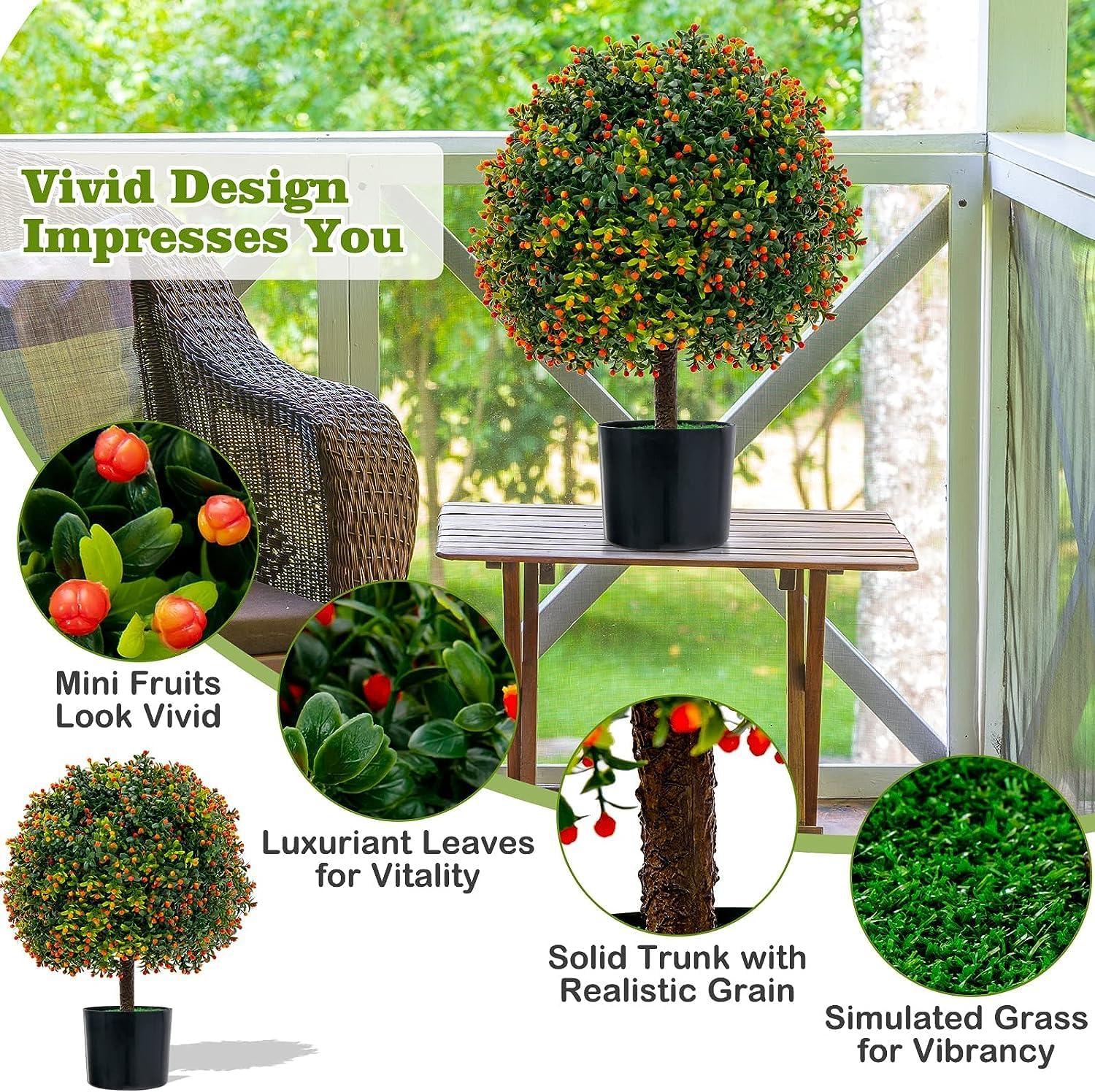 Costway 22'' Artificial Boxwood Topiary Ball Tree 2-Pack Faux Potted Plant w/Orange Fruit