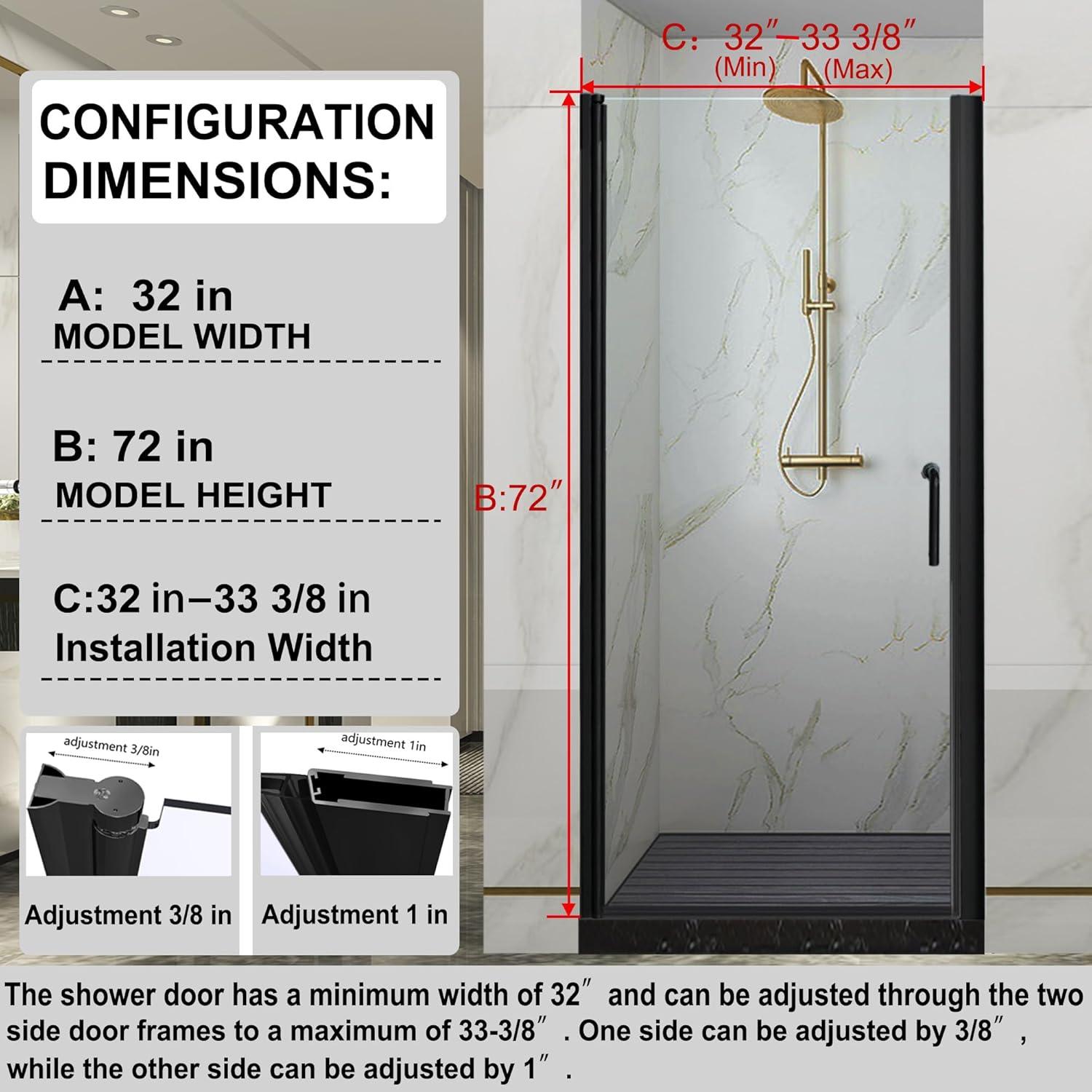 Matte Black Frameless Pivot Shower Door with Clear Glass