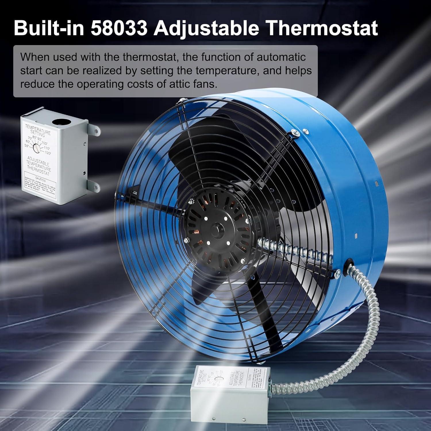 Criditpid 15" Gable Mount Vent Attic Fan, Exhaust Ventilation Fan with Adjustable Thermostat for Gable, Home, Shed, Garage, Portable Building, 3.4A, 1300CFM, 1075RPM, 1850 Sq.Ft Coverage Area.