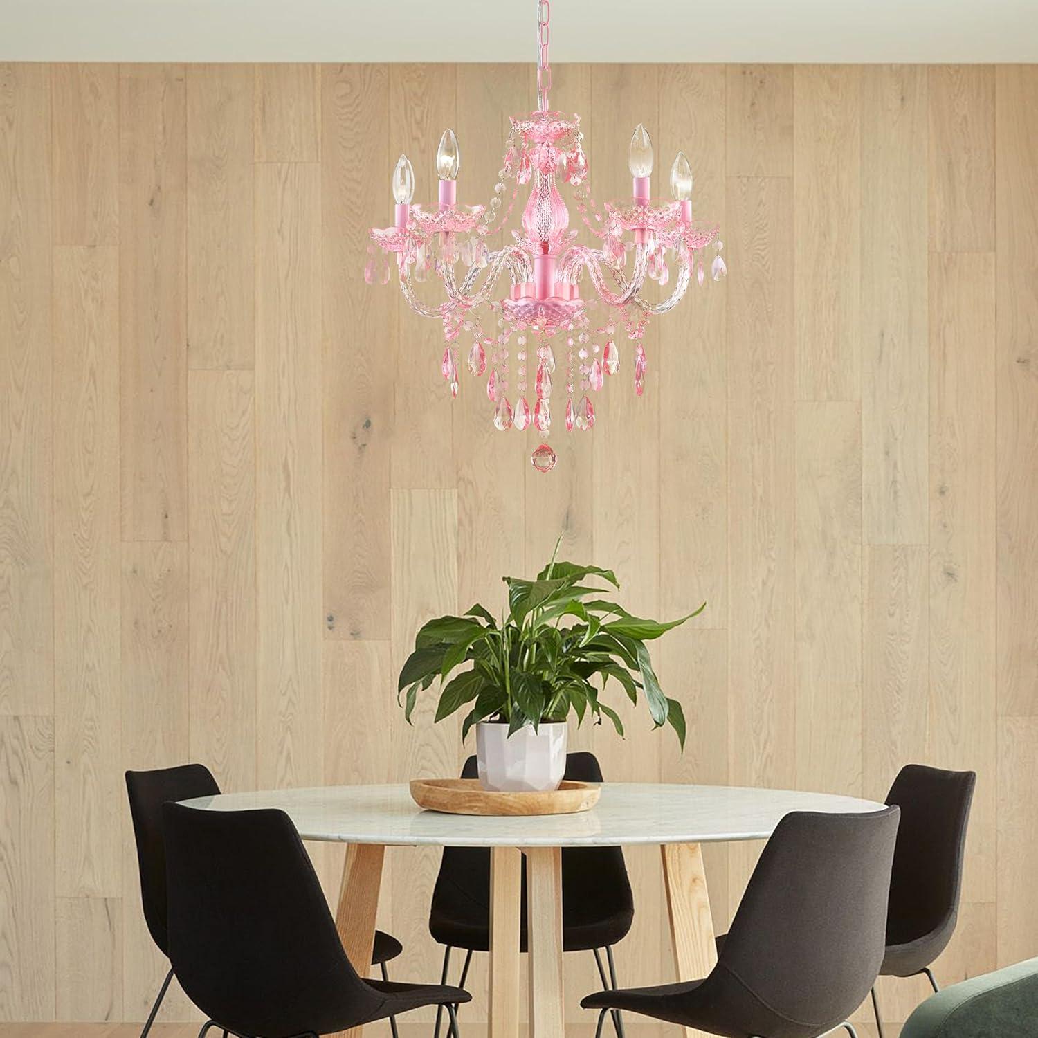 Plug-in 5 Lights Pink Crystal Hanging Pendant Light Acrylic Chandelier with Clear Cord & On/Off Switch H19 D19.7 for Kitchen Island Girls' Room Dining Area Laundry Pavilion.