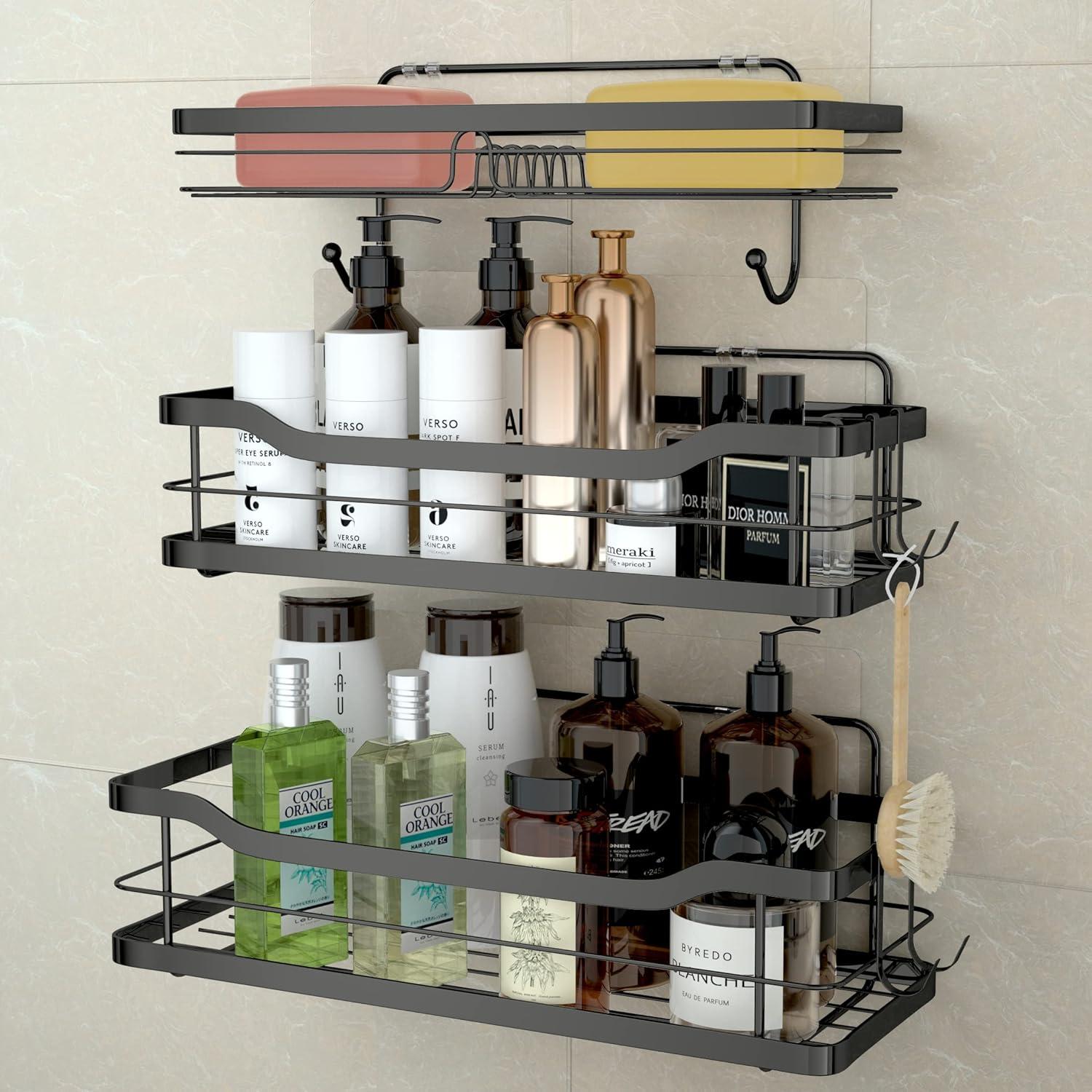 Black Stainless Steel Adhesive Shower Caddy with Hooks