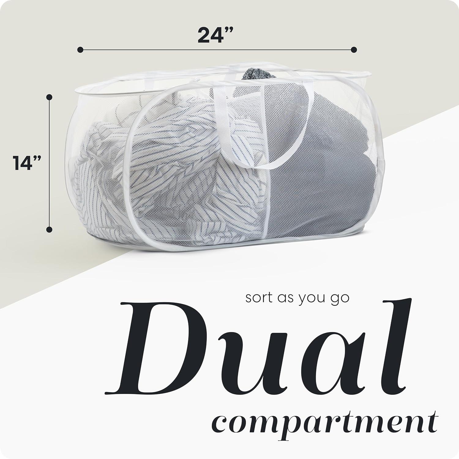 White Collapsible Mesh Laundry Hamper with Dual Compartments