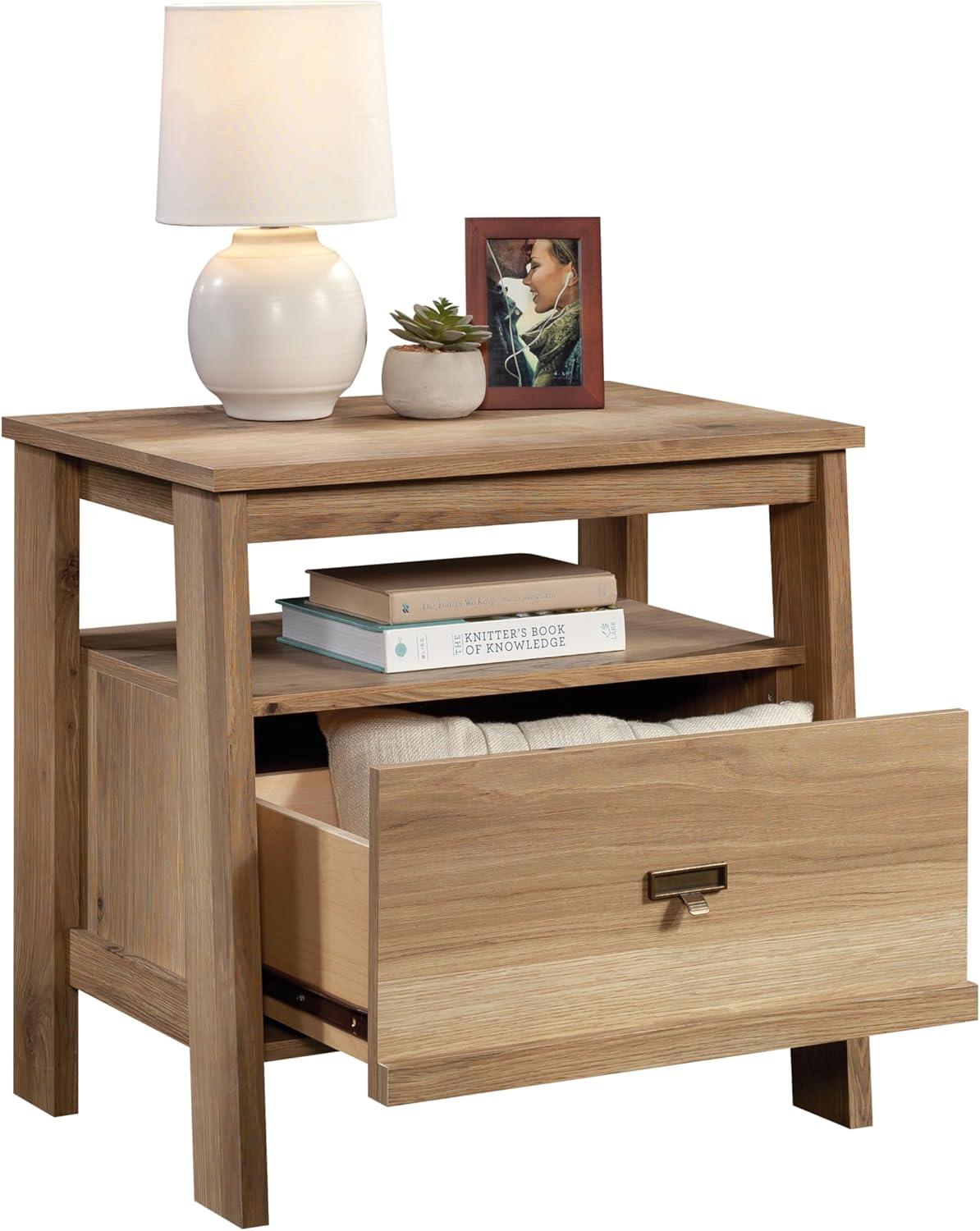 Trestle 1 Drawer Night Stand Timber Oak - Sauder: Open Shelf, Smooth Metal Runners, MDF Frame