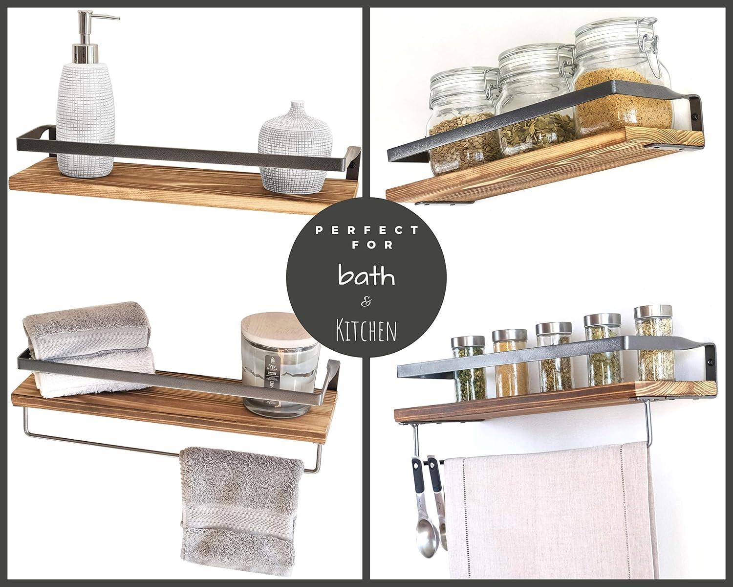 Peter's Goods Rustic Floating Wall Shelves with Rails - Decorative Storage for Kitchen, Bathroom, and Bedroom - Elegant, Modern Shelving - Torched Cedar Wood, Antiqued Black Silver Frame - Set of 2