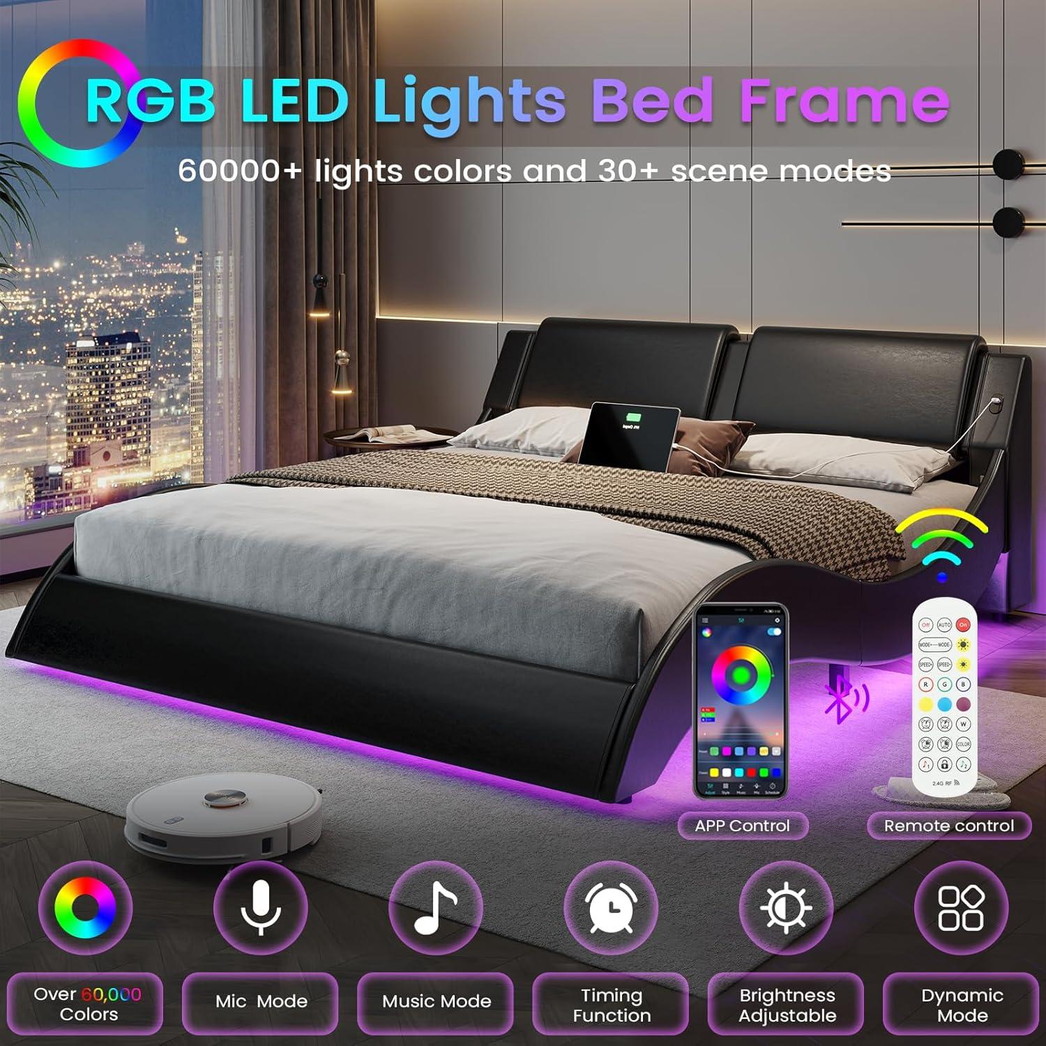 Queen Bed Frame Wave Like Curve Upholstered Platform Bed Frame with RGB Led Lights Underneath, Strong Wood Slats Support,Black