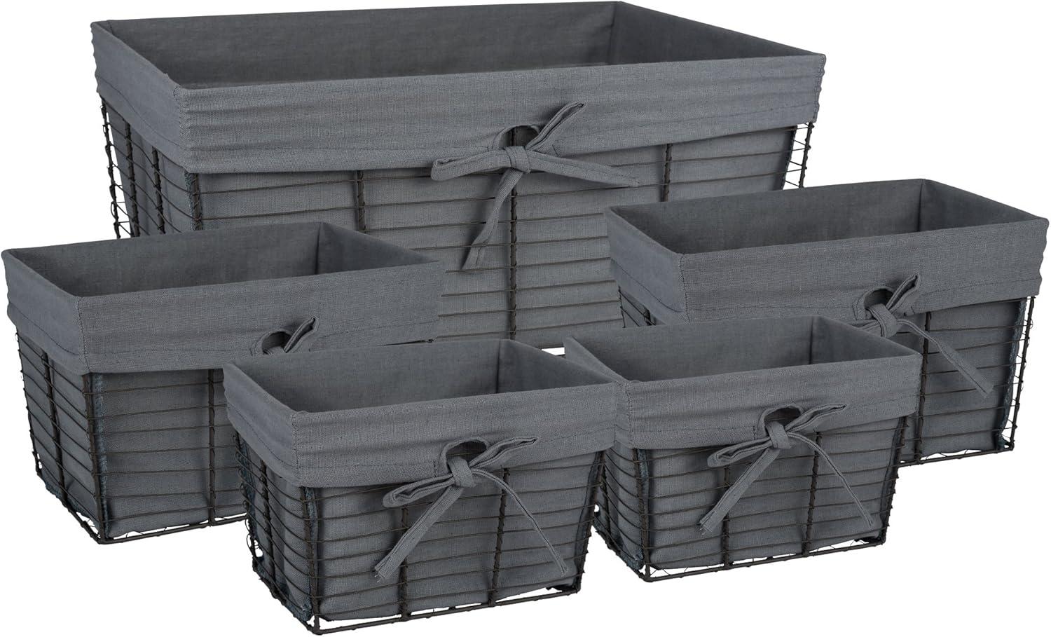 Gray Iron Rectangular Storage Baskets with Fabric Liners, Set of 5