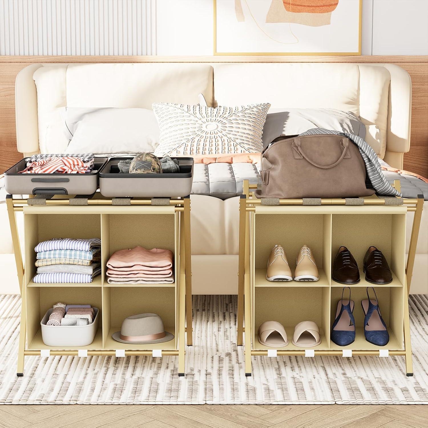 aboxoo Luggage Rack with storage, Guest Room Folding Suitcase Stands, Holds up to 120 lb, Space Saving Suitcase Holders for guest room, Bedroom Hotel, Gold