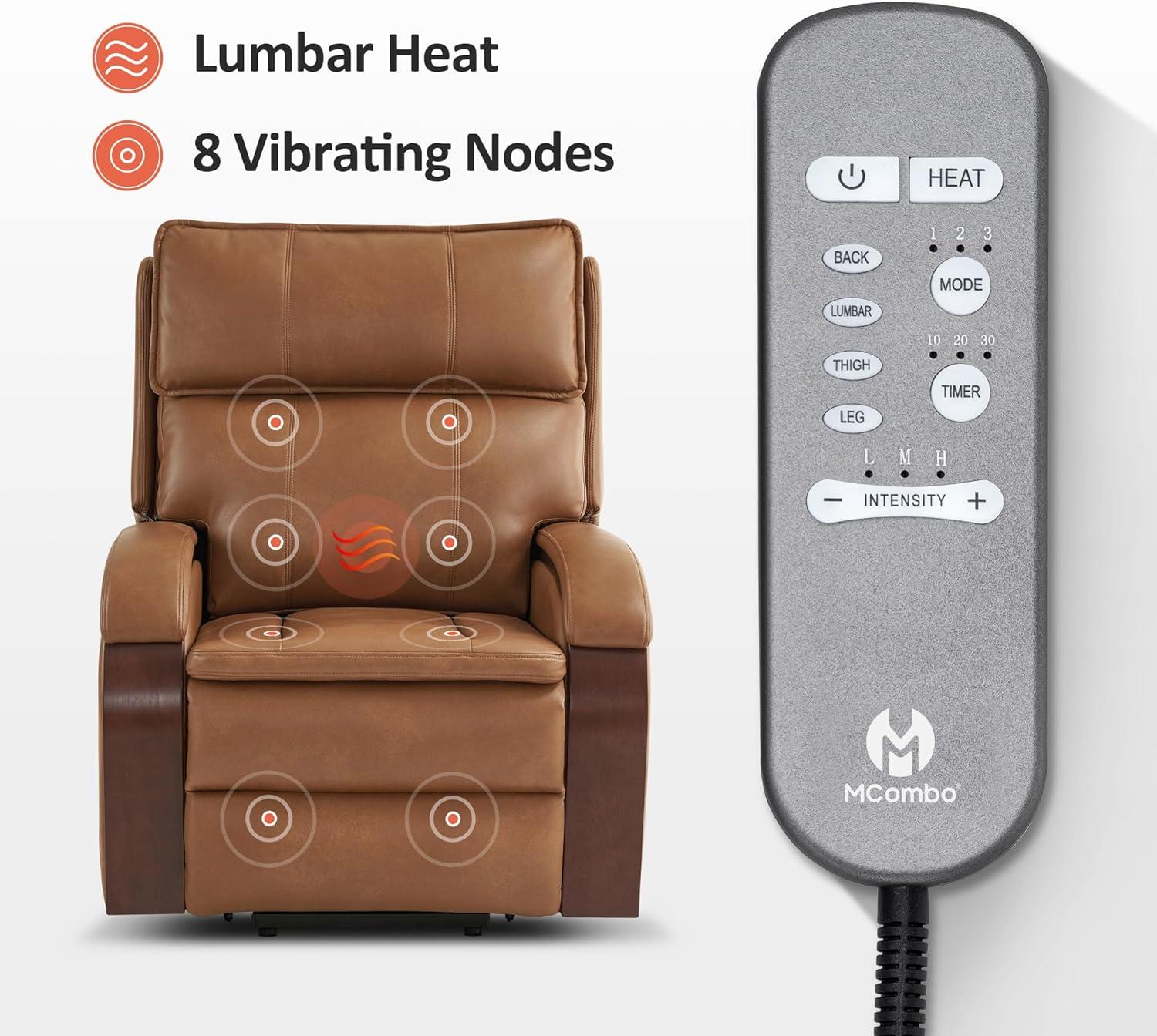 MCombo Power Lift Recliner Chair Sofa with Massage and Heat, Adjustable Headrest for Elderly People, Solid Wood Armrest, USB Ports, Side Pockets, Breathable Leather 7917 (Tawny, Medium)