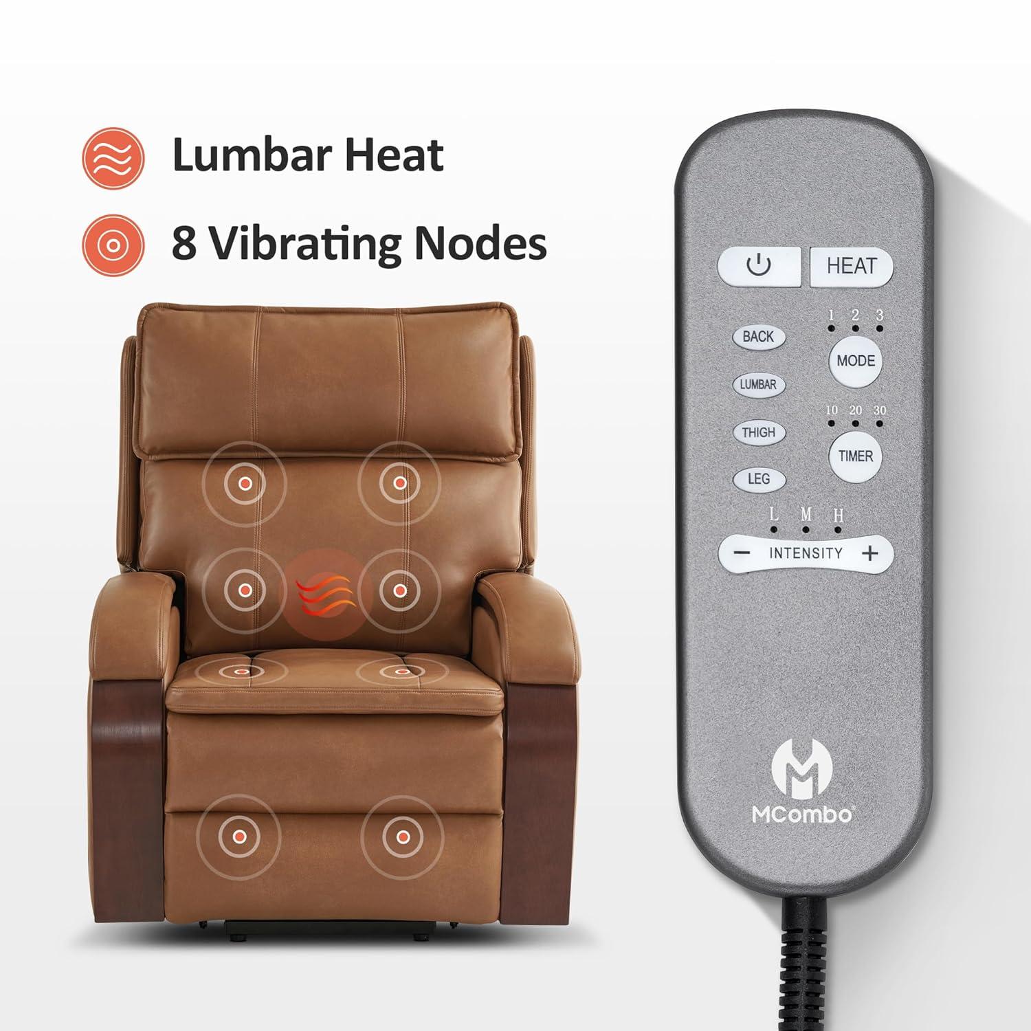 MCombo Power Lift Recliner Chair Sofa with Massage and Heat, Adjustable Headrest for Elderly People, Solid Wood Armrest, USB Ports, Side Pockets, Breathable Leather 7917 (Tawny, Medium)