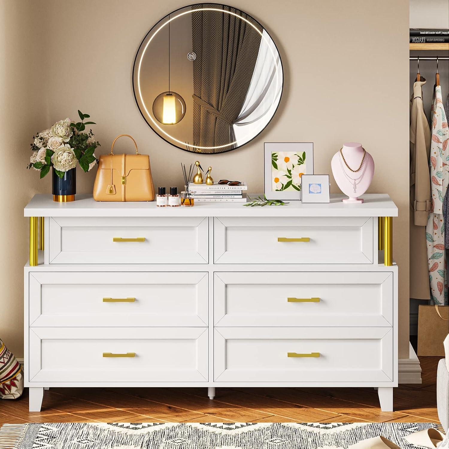 White 6 Drawer Dresser with Led Light,Dresser for Bedroom, Dressers & Chests of Drawers with Column Design, Modern Bedroom Wood Long Closet