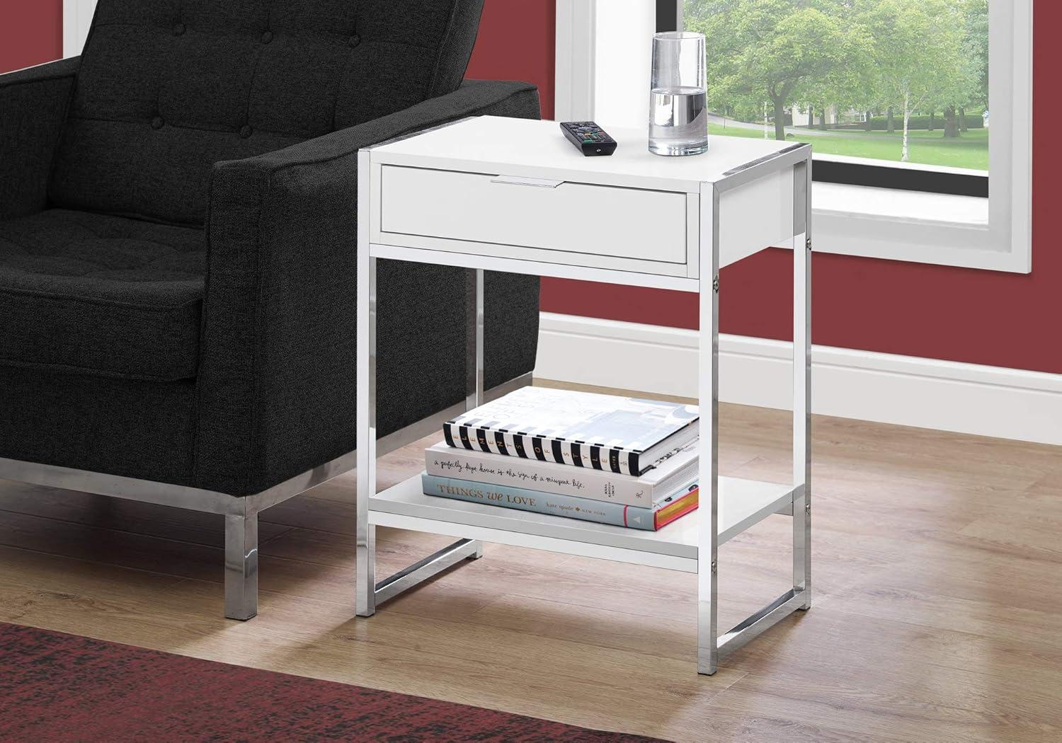 Glossy White and Chrome Rectangular Storage Accent Table