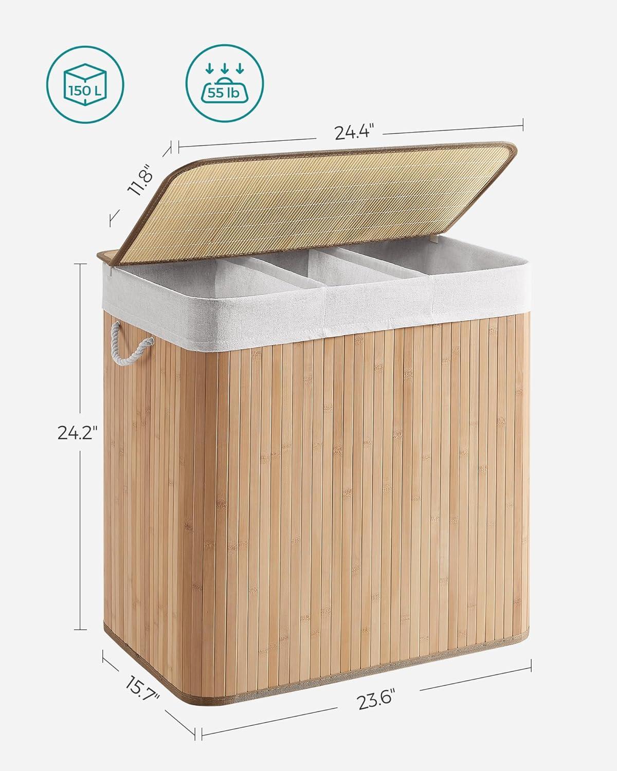 Natural Bamboo 3-Section Laundry Hamper with Lid