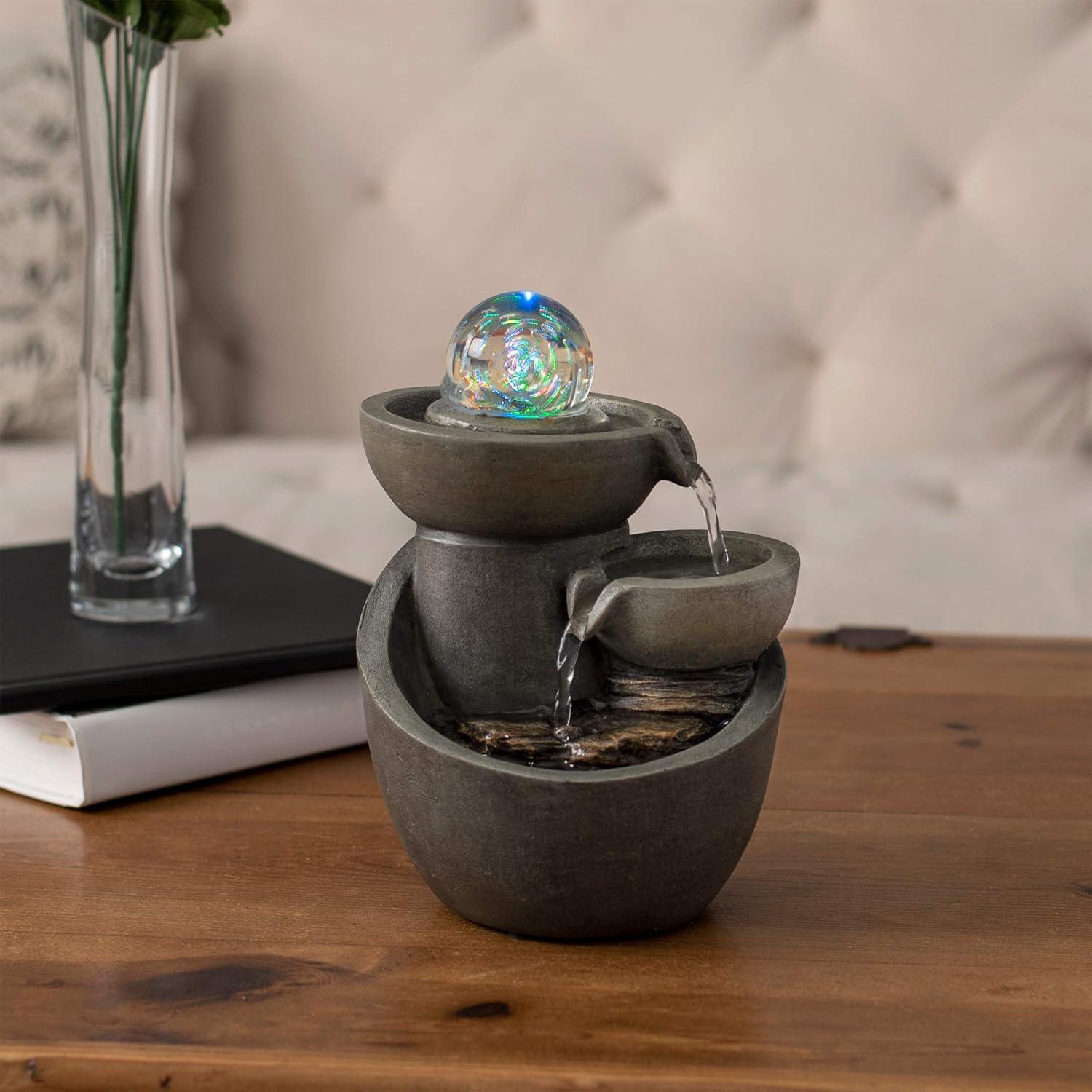 Gray Polyresin 3-Tier Tabletop Water Fountain with LED Lights