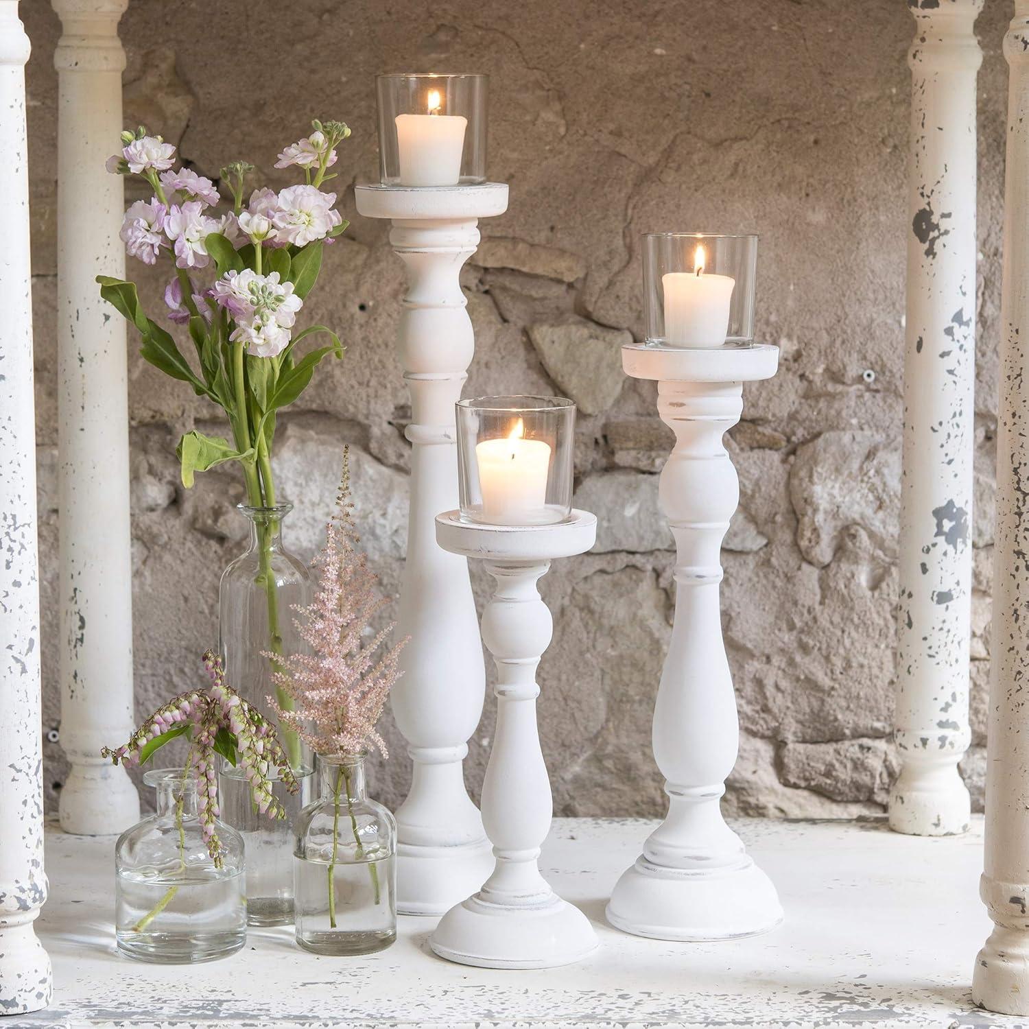 HetayC Shabby Chic Spindle White Candle Holder Set, 10 1/2'', 14 1/2'', 18 1/2'' (H)