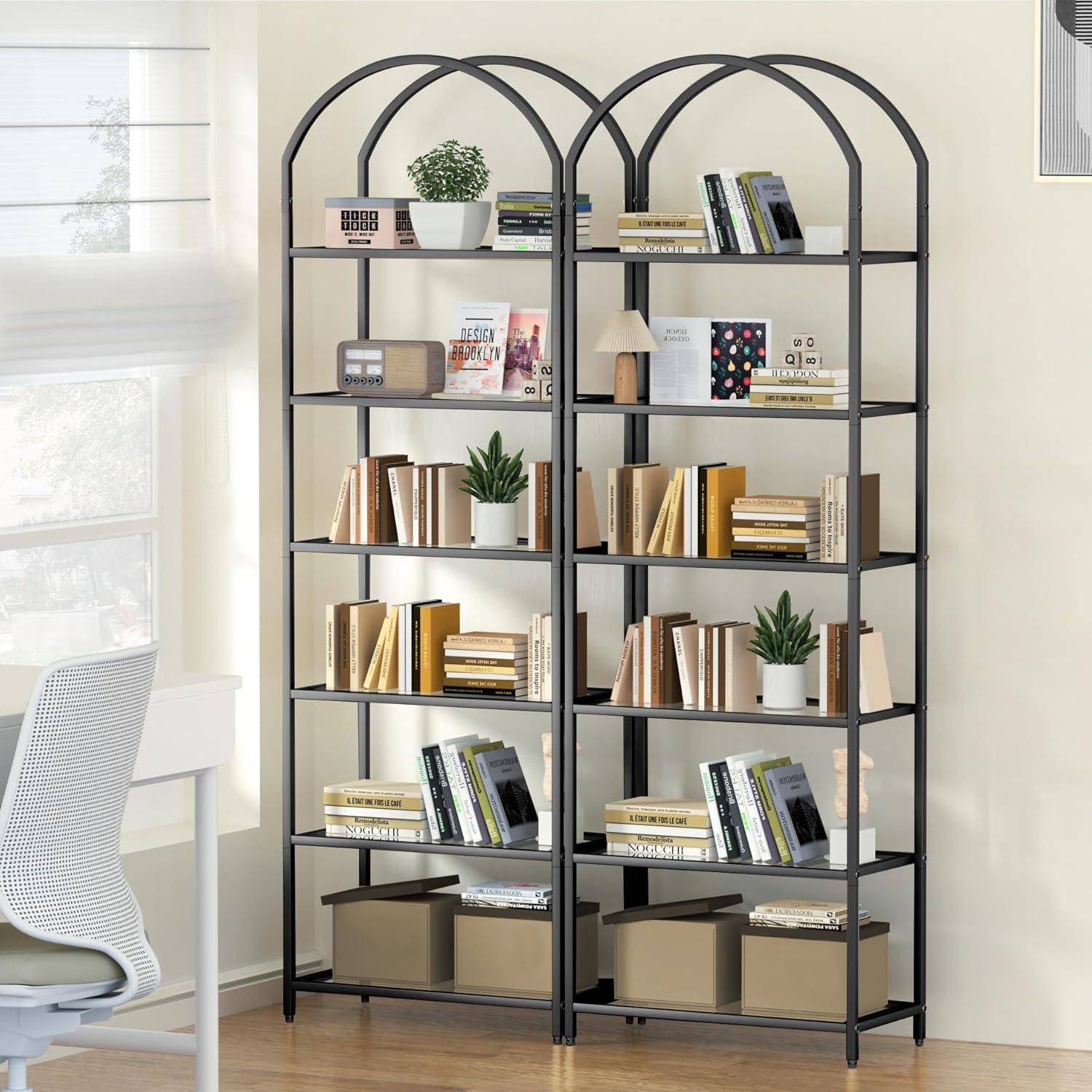 Bookcase Bookshelf, Tempered Glass Arched Bookshelf for More Storage, Slim Shelving Unit for Bedroom, Bathroom, Home Office, Steel Frame, 6 Tier Black BC20699B