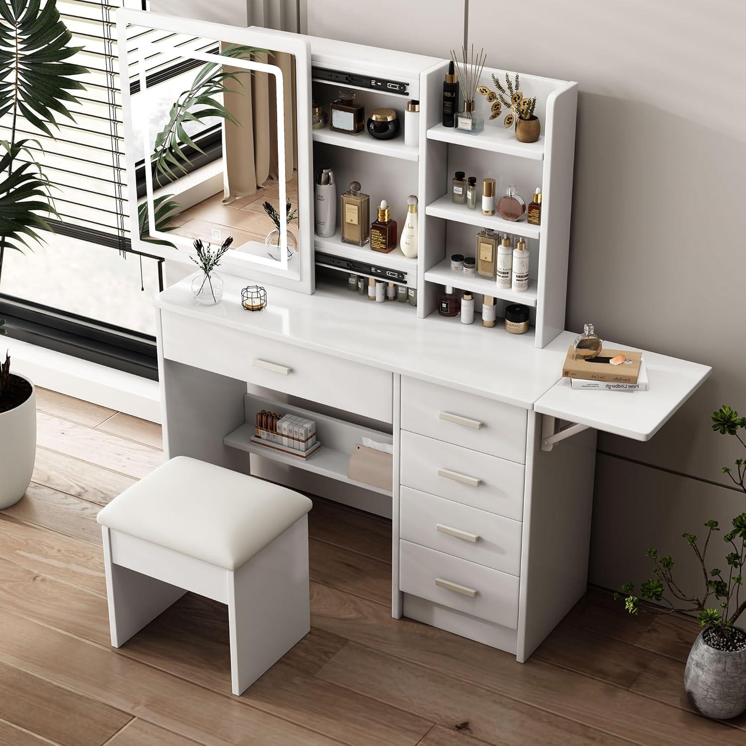 Vanity Desk with Mirror and Lights, White Makeup Vanity Chair Set with Fold-up Panel, Dressing Table with 5 Drawers and Shelves, 3 Lighting Modes, Brightness Adjustable