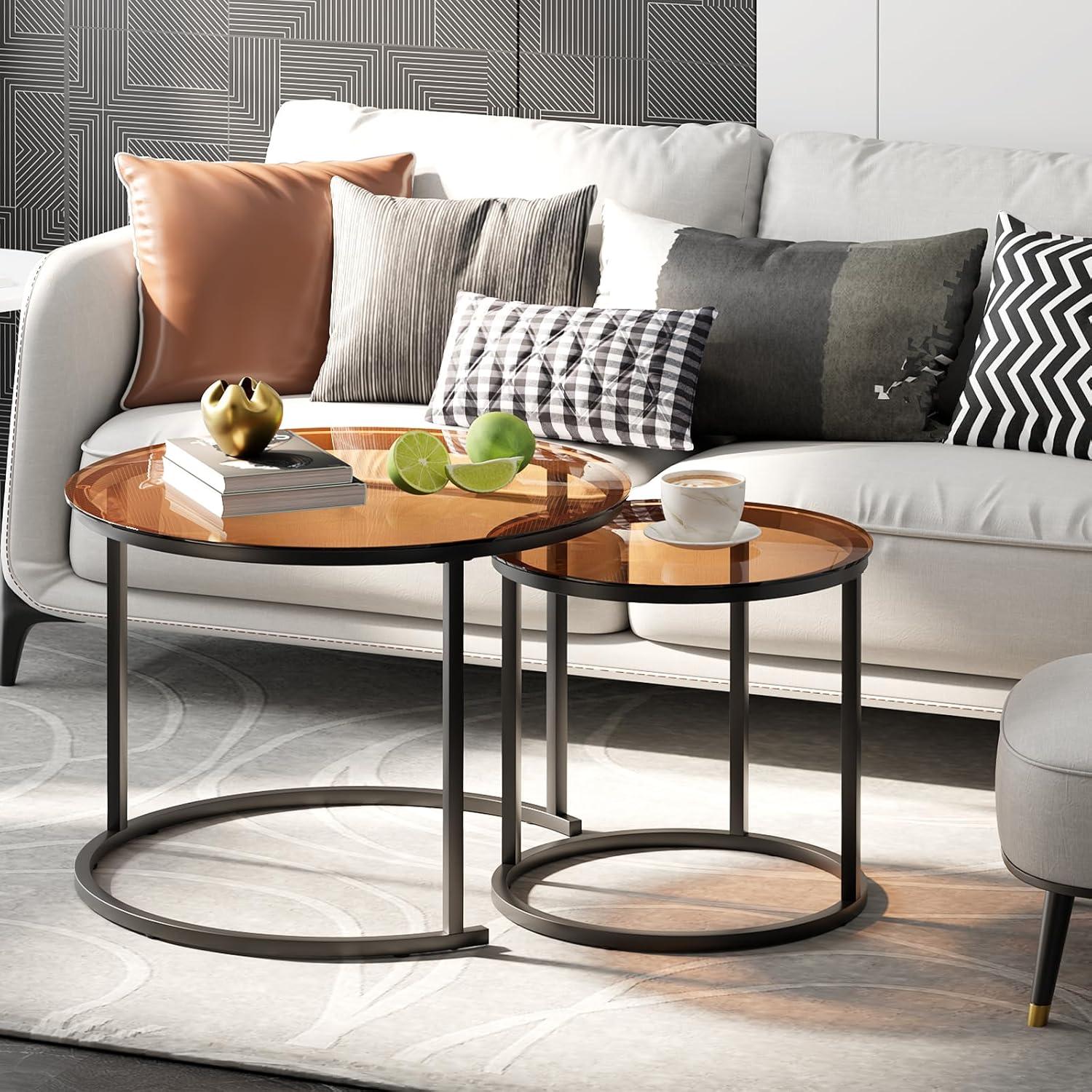 Round Wood Nesting Coffee Table Set with Metal Frame