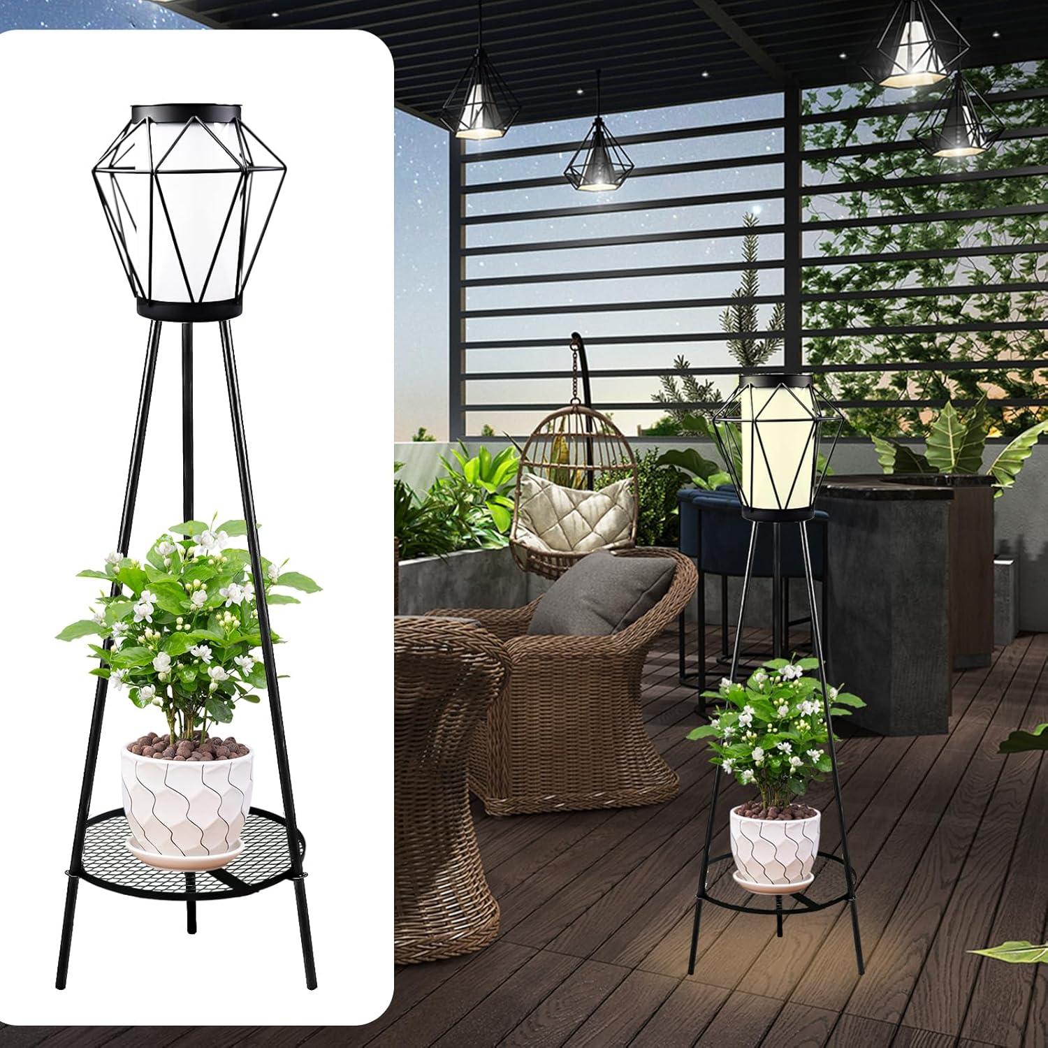 TOOTOO STAR Solar Floor Lamp 2 Piece Set, 35.5" High Solar Outdoor Lights with Plant Holder for Garden Patio Deck Porch Patio Decorative Lighting