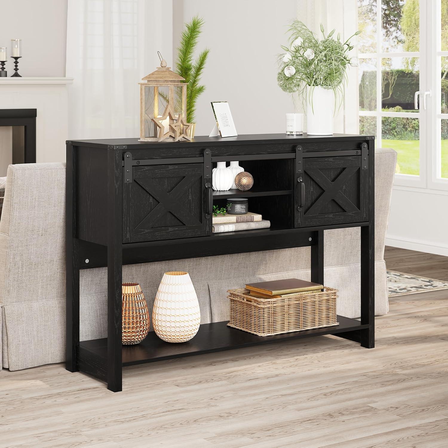 Black Engineered Wood Console Table with Sliding Barn Doors and Storage