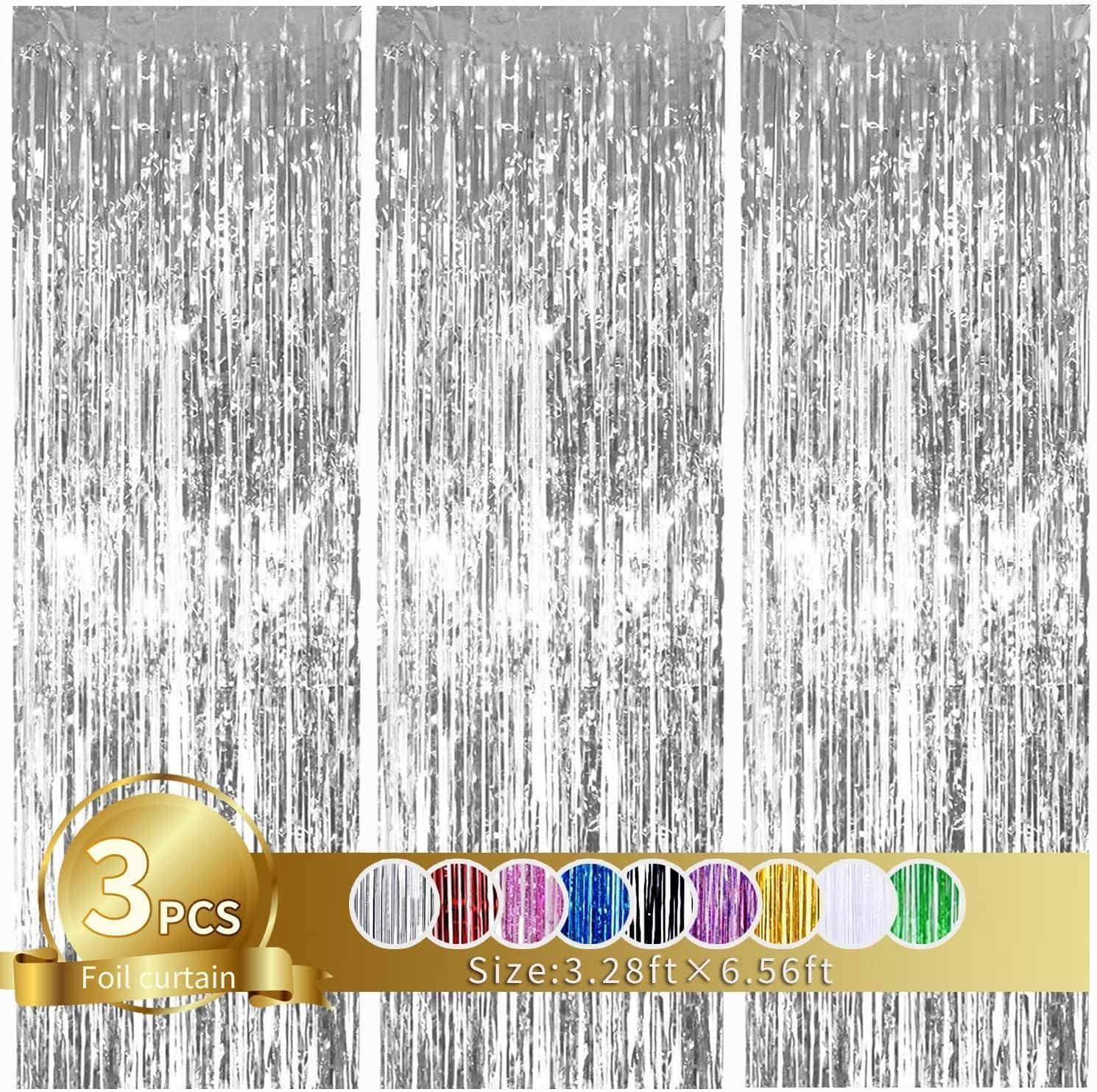 TONIFUL 3Pcs Silver Metallic Tinsel Foil Fringe Curtains,3.28ft x 6.56ft Silver Photo Booth Backdrop Streamer Curtain,Great for Bachelorette,Birthday,Christmas,New Year Party Decorations