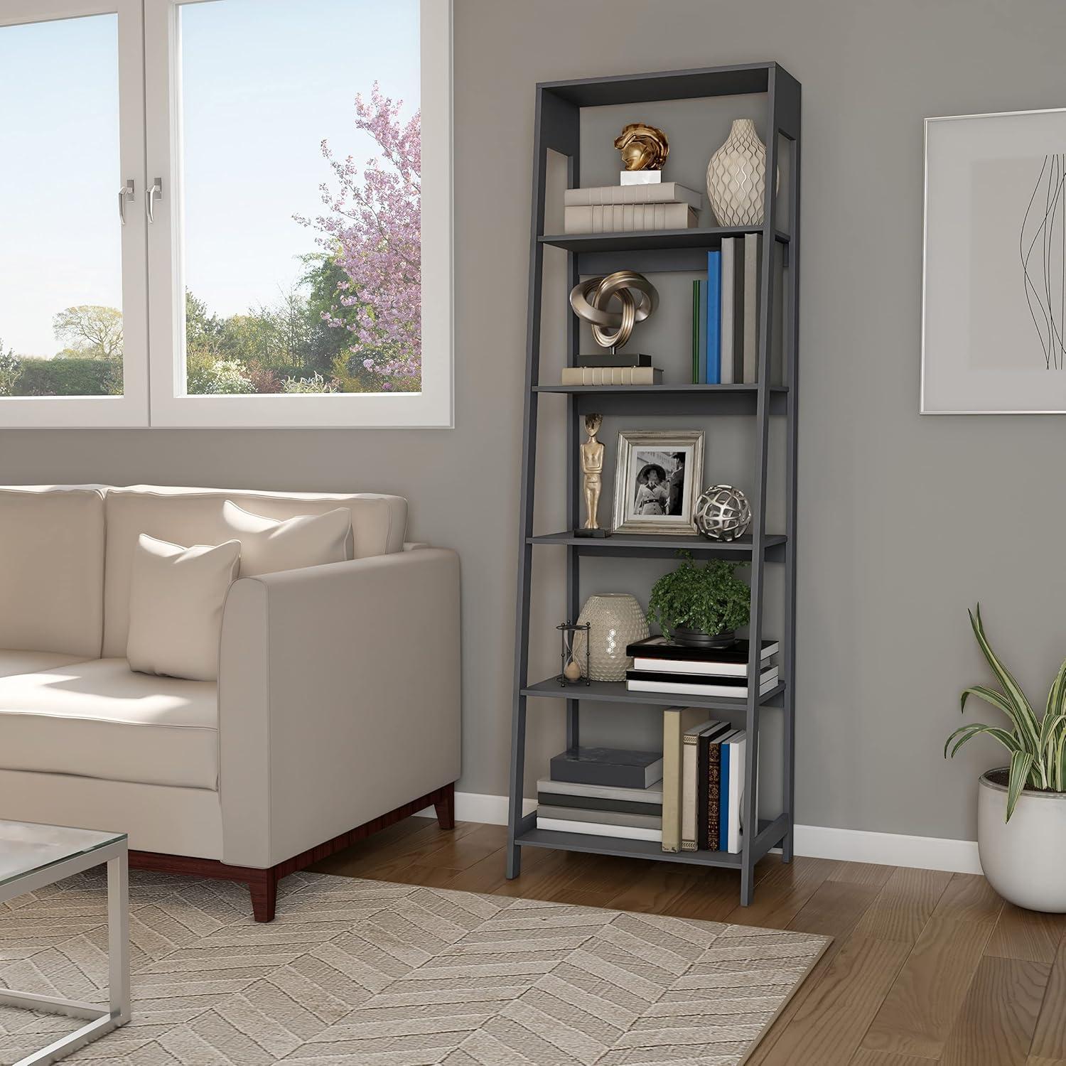 Alaterre Furniture 5-Tier Ladder Bookshelf - Leaning Decorative Shelves for Display - Wood Shelf for Living Room, Bathroom, and Kitchen Storage (Gray)