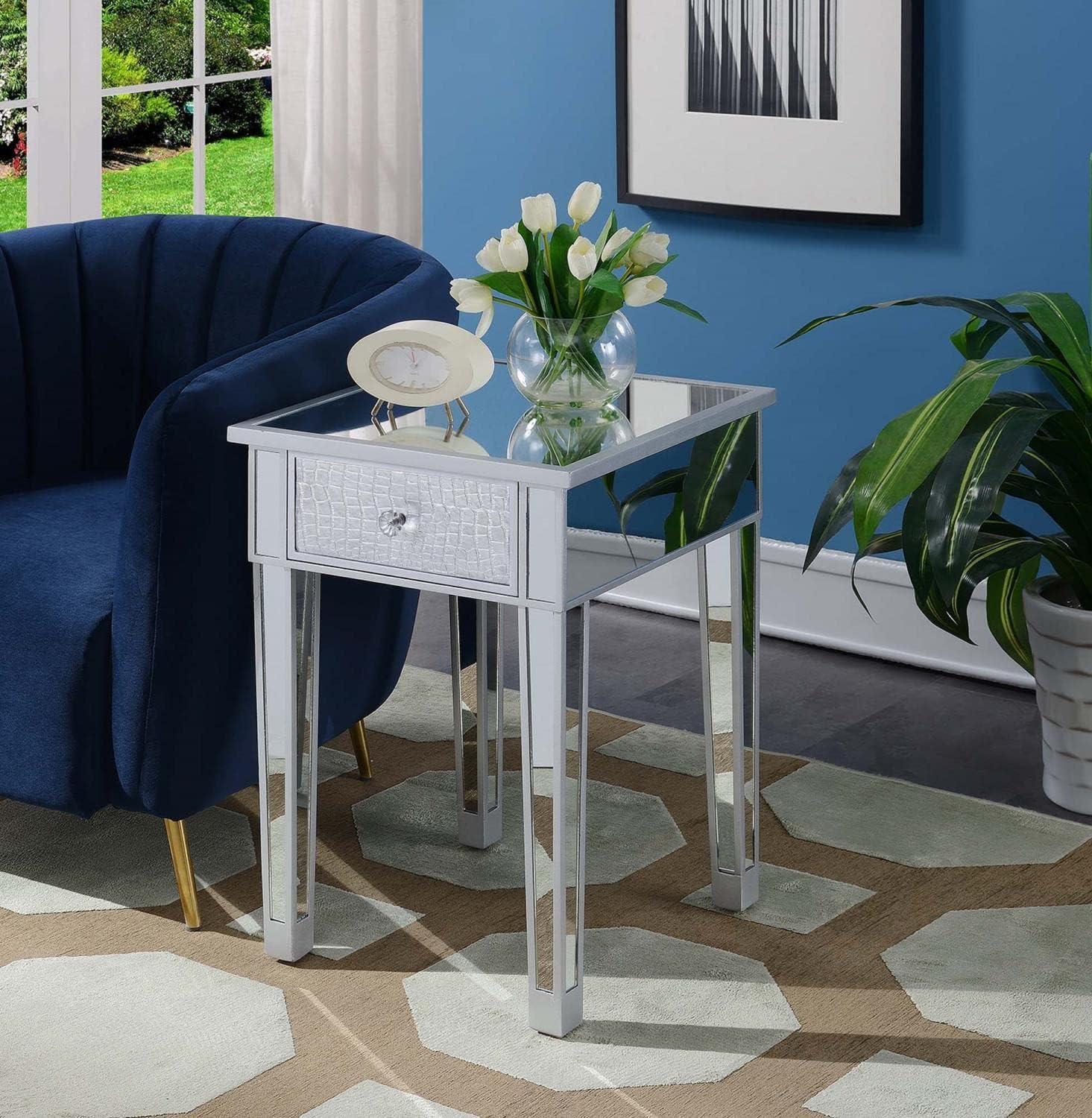 Gold Coast End Table with Drawer in Mirrored Glass and Gray Wood Trim