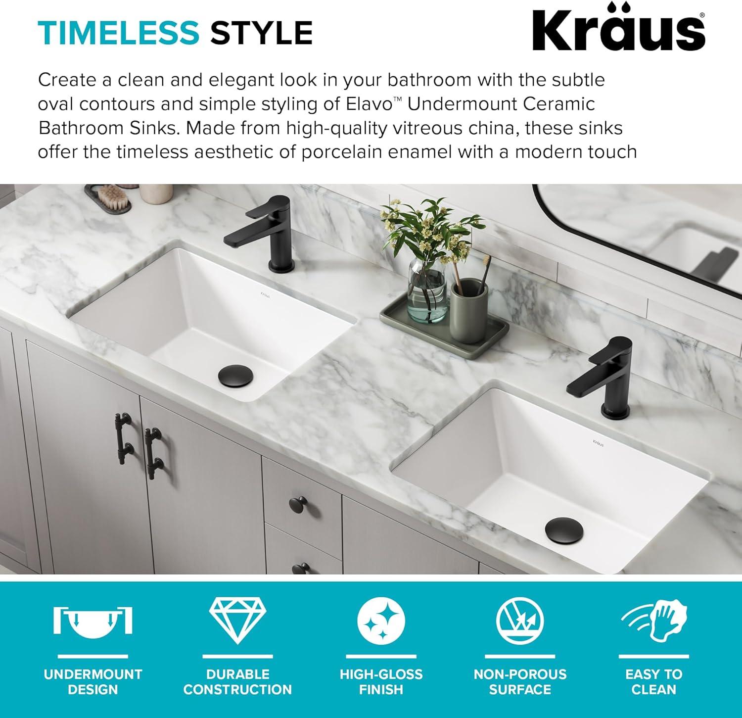 KRAUS Elavo. Rectangular Porcelain Ceramic Undermount Bathroom Sink In White With Overflow Drain, KCU-244