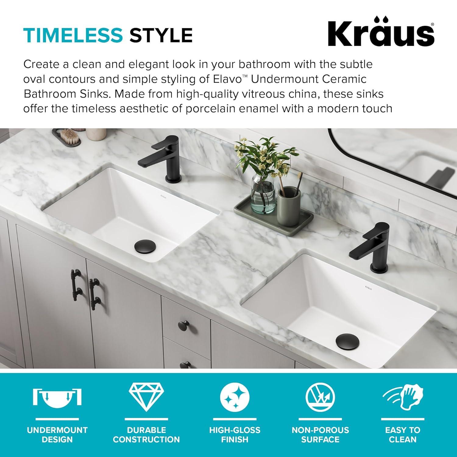 KRAUS Elavo. Rectangular Porcelain Ceramic Undermount Bathroom Sink In White With Overflow Drain, KCU-244