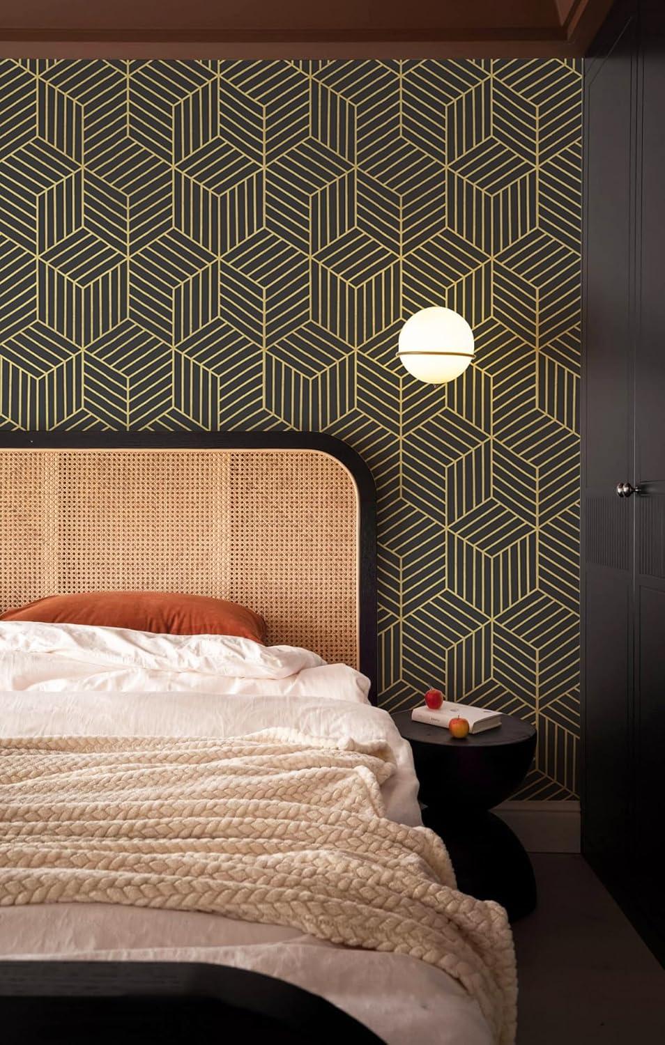 Wallpaper Black And Gold Peel And Stick Wallpaper Geometric Striped Hexagon Wallpaper Removable Self Adhesive Wall Paper Waterproof Vinyl Contact Paper For Cabinets Shelf Drawer 15.7"X78.7"