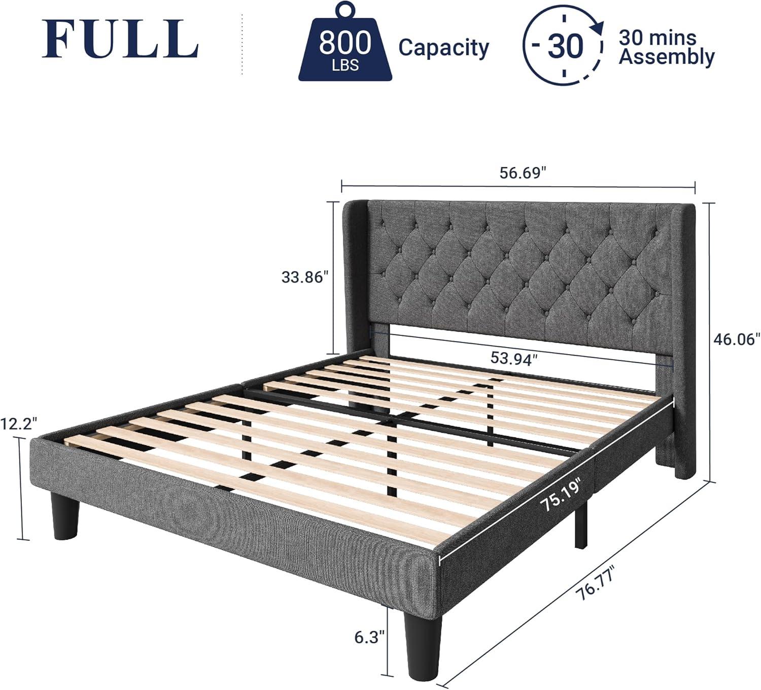 Dark Grey Full Size Upholstered Bed Frame with Tufted Headboard