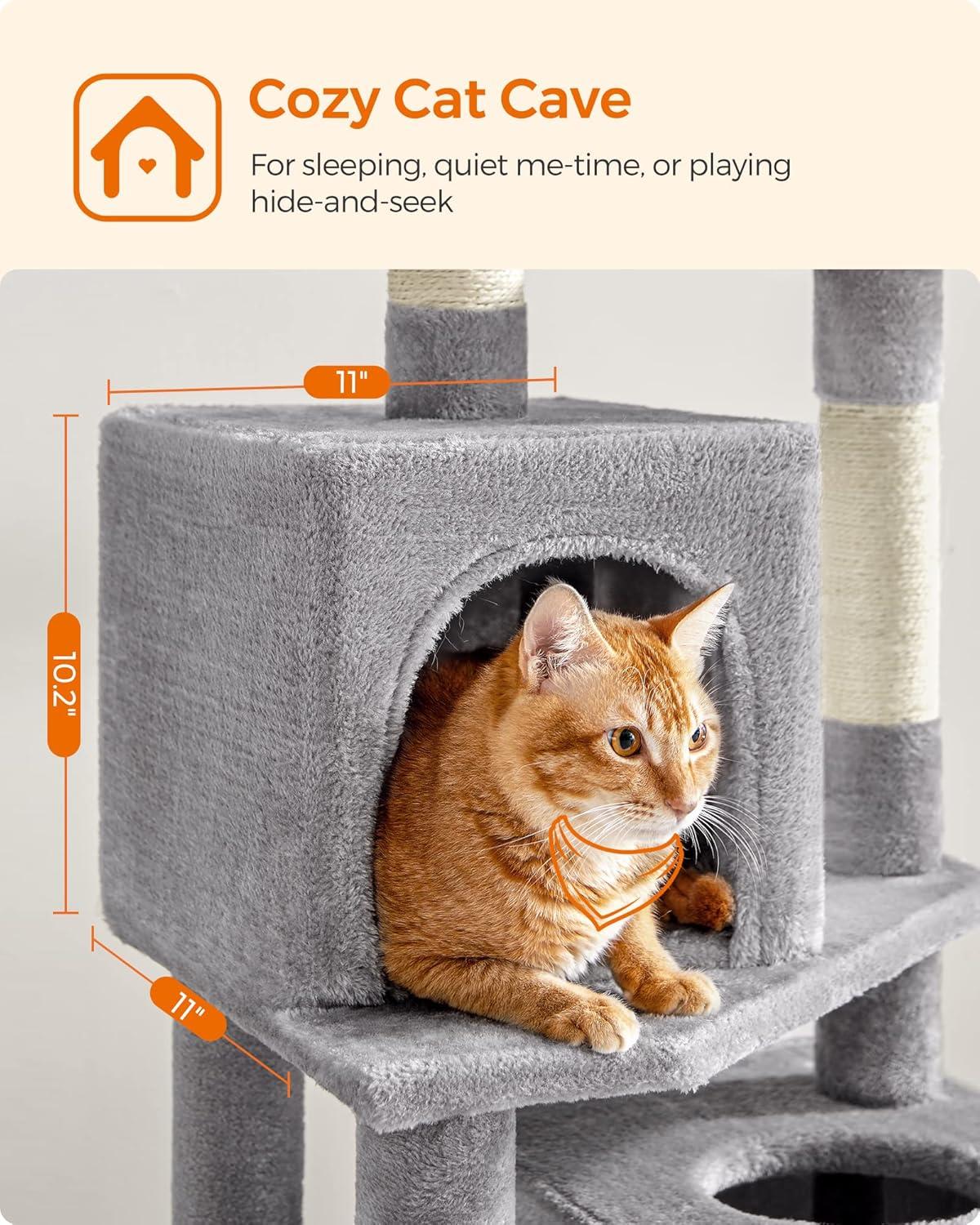 Feandrea 61"H Cat Tree Cat Tower for Indoor Cats, Plush Multi-Level Cat Condo with Scratching Posts, Perches, Caves, Hammock, Light Gray