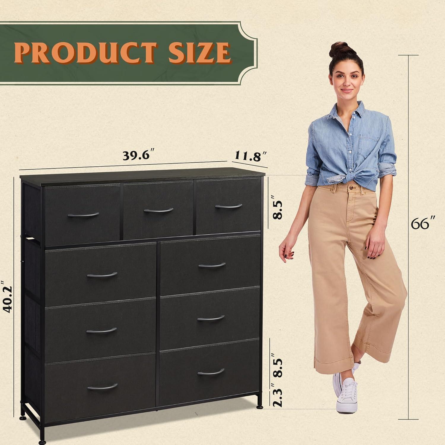 DUMOS Dresser for Bedroom, Storage Organizer with 9 Drawers, Chest of Drawers with Fabric Bins, Sturdy Metal Frame, Wood Tabletop for Guest Room, Closet, Entryway, Nursery