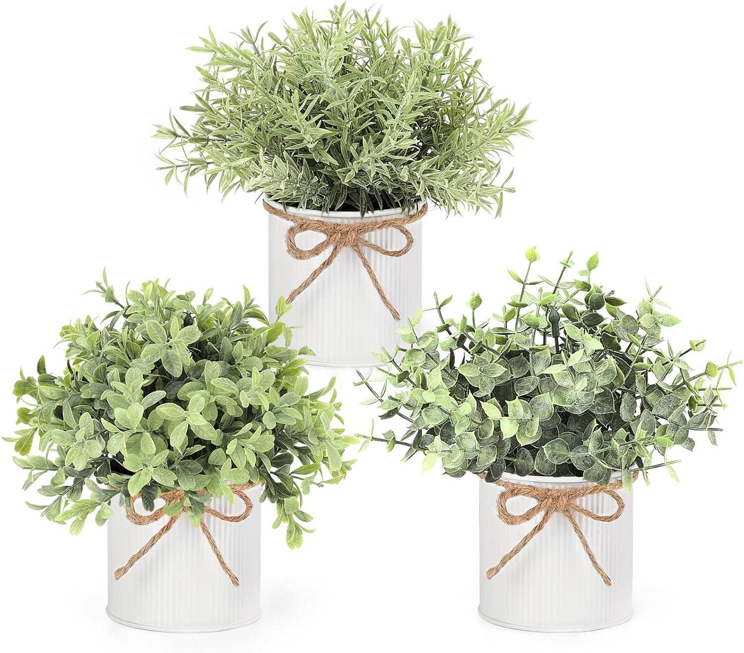 Set of 3 Green Faux Boxwood and Eucalyptus Tabletop Centerpieces