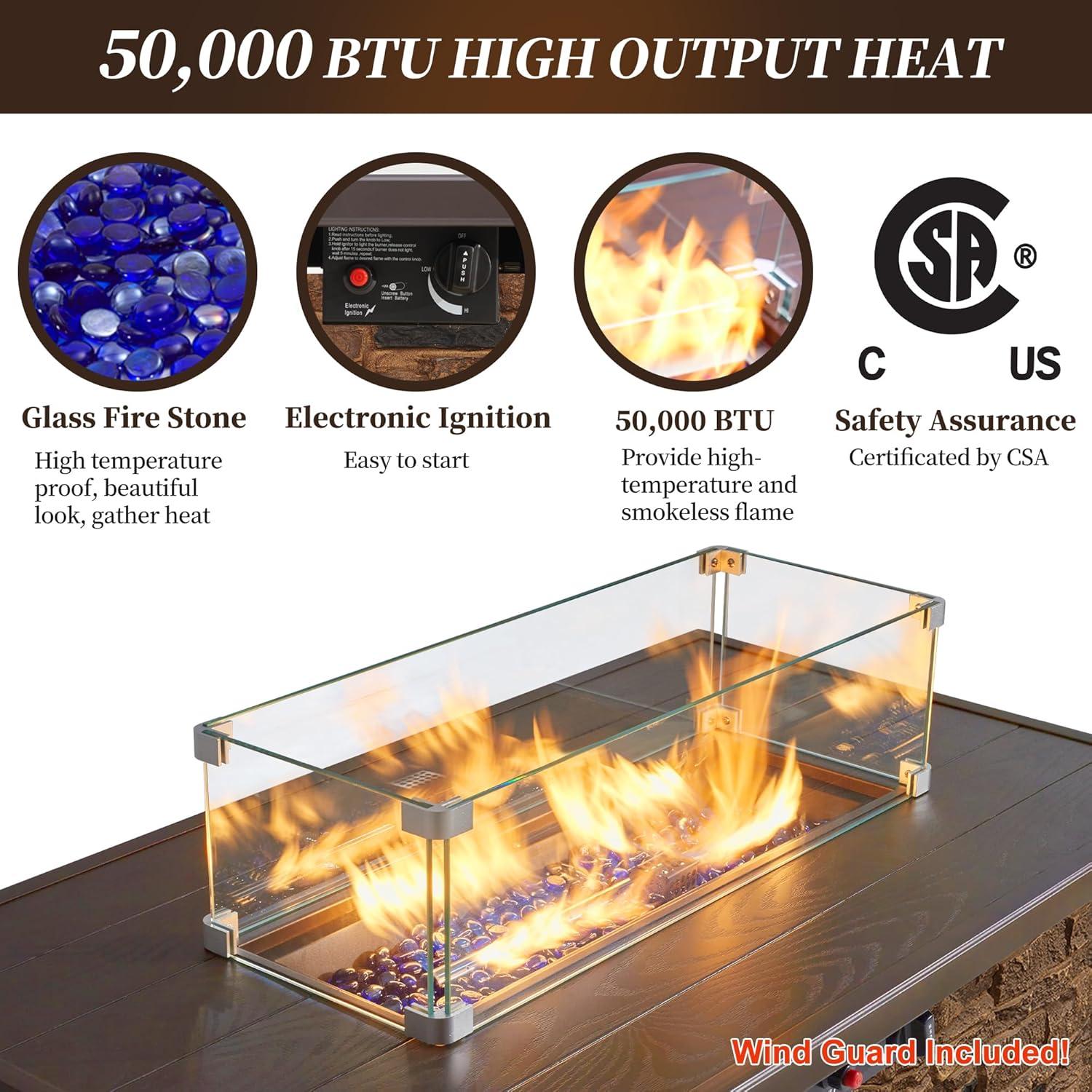 43" Propane Fire Pit Table Outdoor Stone Firepit Table Rectangular 50000 BTU Propane Fire Tables for Outside Patio with Wind Guard, Table Lid, Fire Beads, Cover,Pizzello Caldo (Buff)