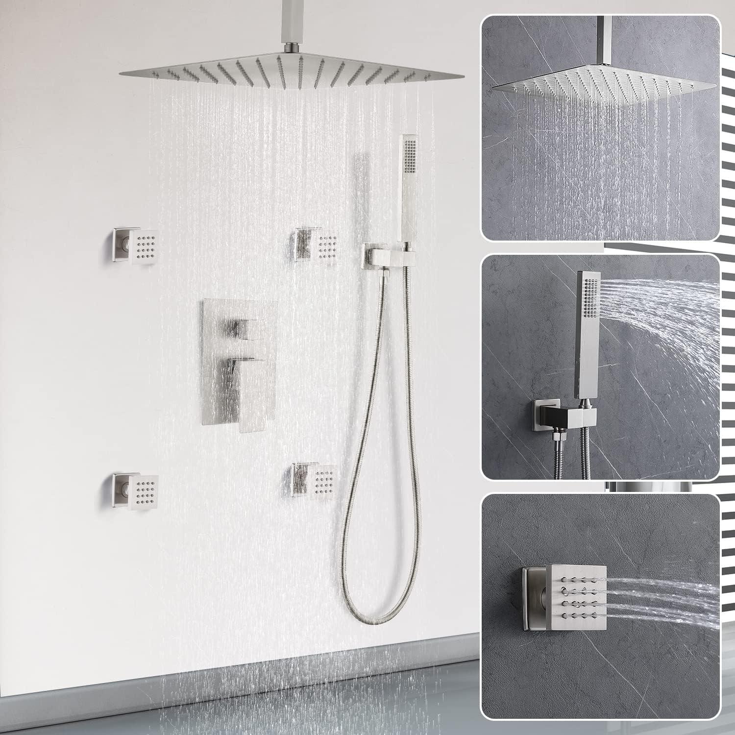 3-Function Ceiling Mounted Thermostatic Rainfall Shower System with 6 Body Jets and Rough-in Valve