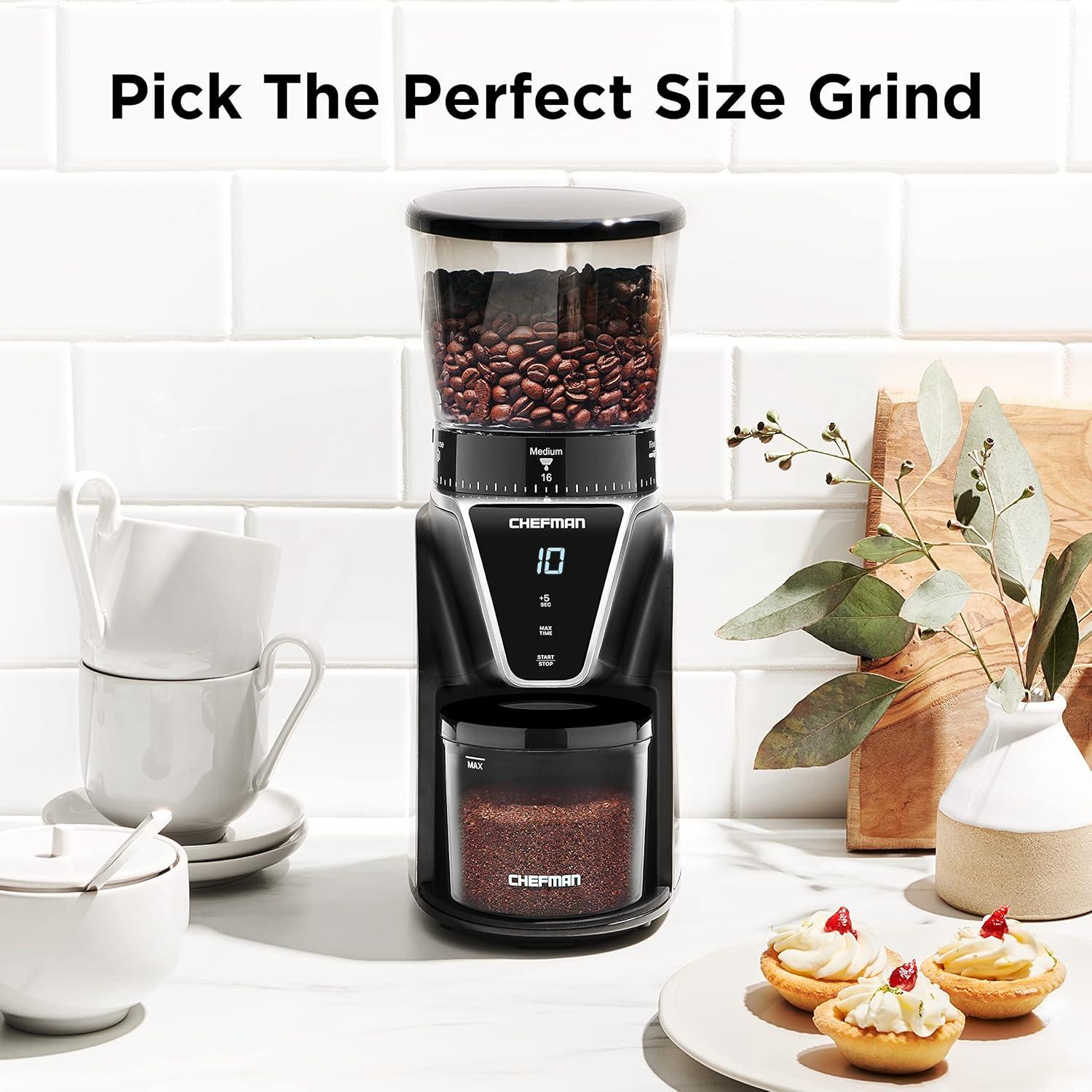 Chefman Conical Burr Precision Coffee Grinder, 9.7 oz. Bean Capacity, Black