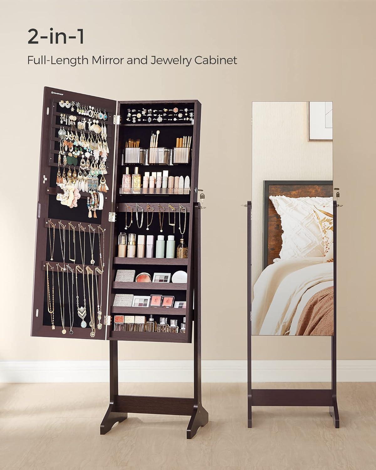 Freestanding Jewelry Cabinet Armoire Organizer with Bevel Edge Mirror