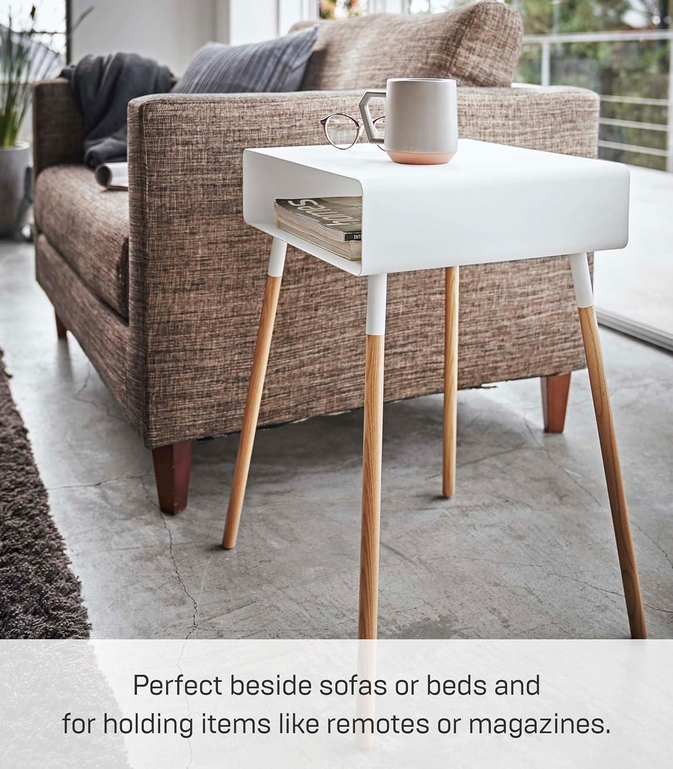 Yamazaki Home Tall Side Table With Storage Shelf, Rectangular Accent Bedside End Table, Steel + Wood