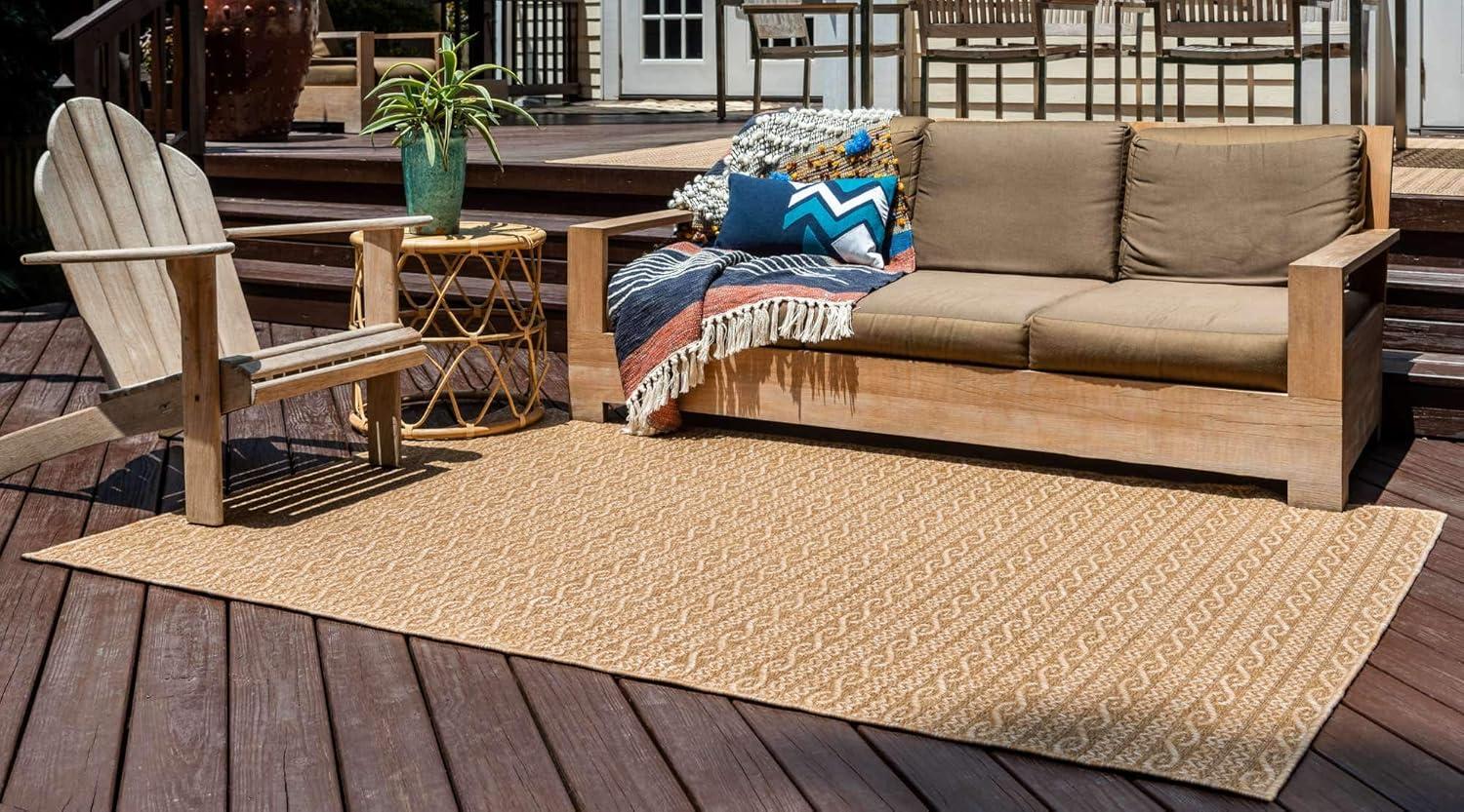 Light Brown Flat Woven Synthetic Outdoor Area Rug 7' x 10'