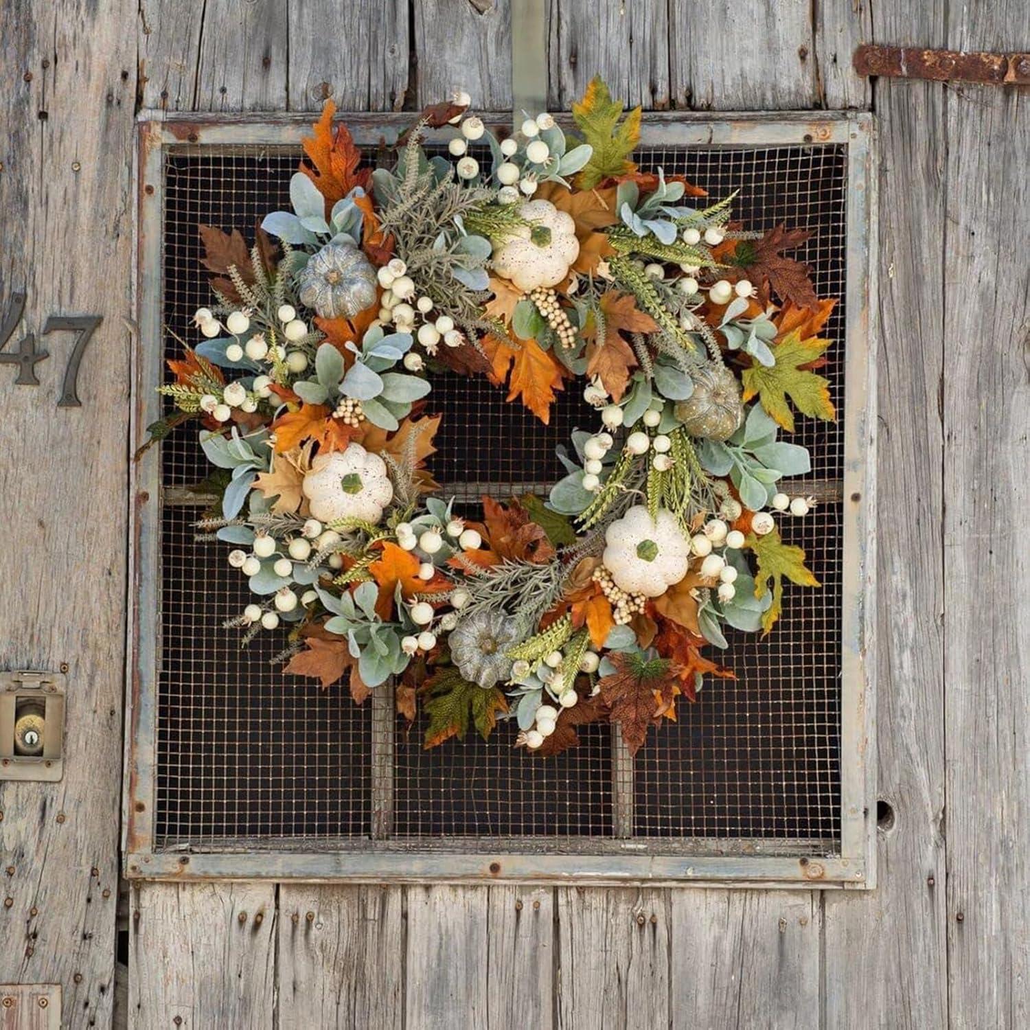 Artificial Fall Wreaths for Front Door Rustic Autumn Wreath with Pumpkin,Rose,Berry Branchesm,Mixed Leaves Thanksgiving Wreath Fall Door Wreath for Halloween Thanksgiving Indoor Outdoor Decor (A15.7)